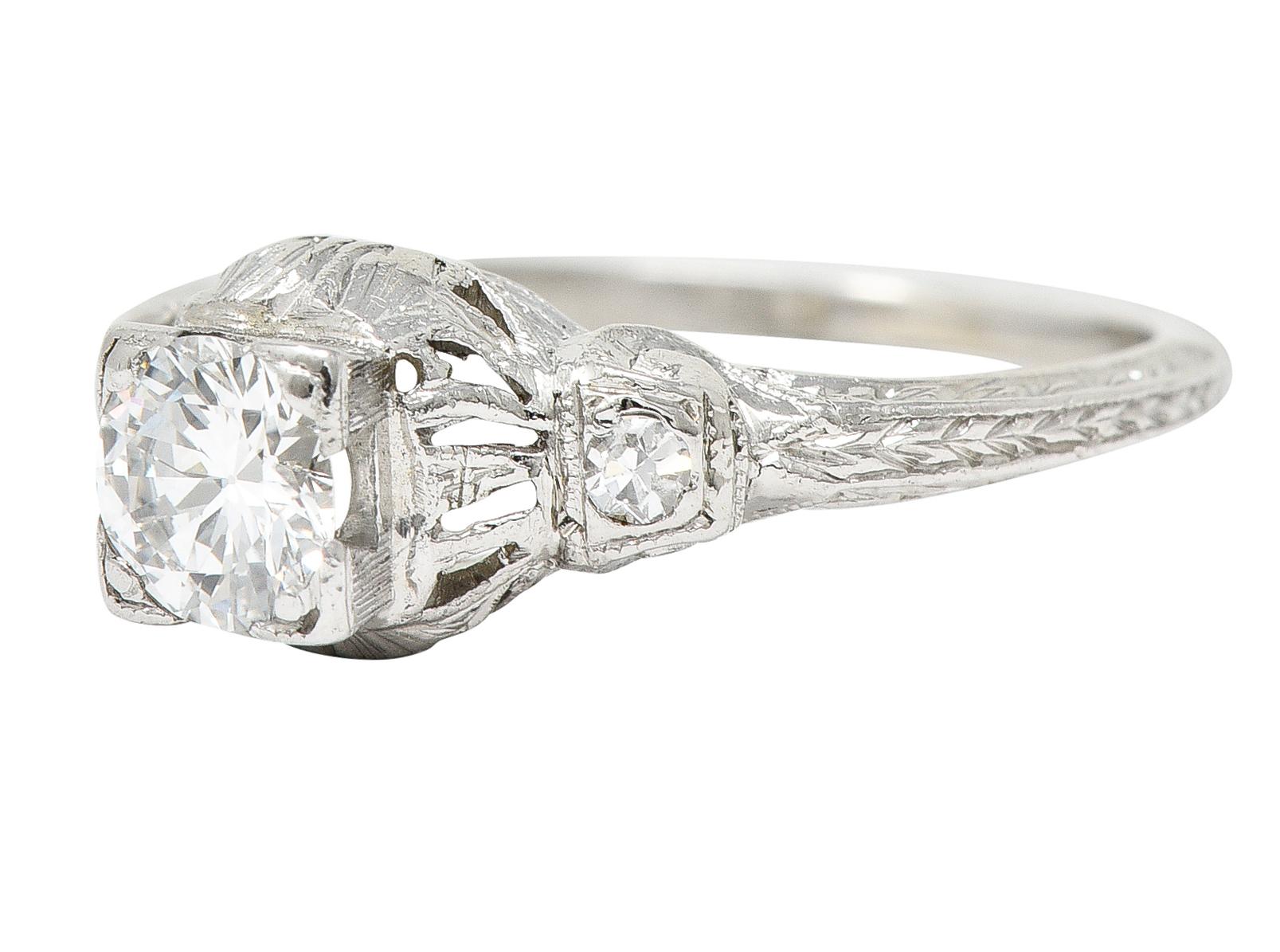 Maurice Tishman Art Deco 0.40 Carat Diamond Platinum Scrolled Engagement Ring In Excellent Condition For Sale In Philadelphia, PA