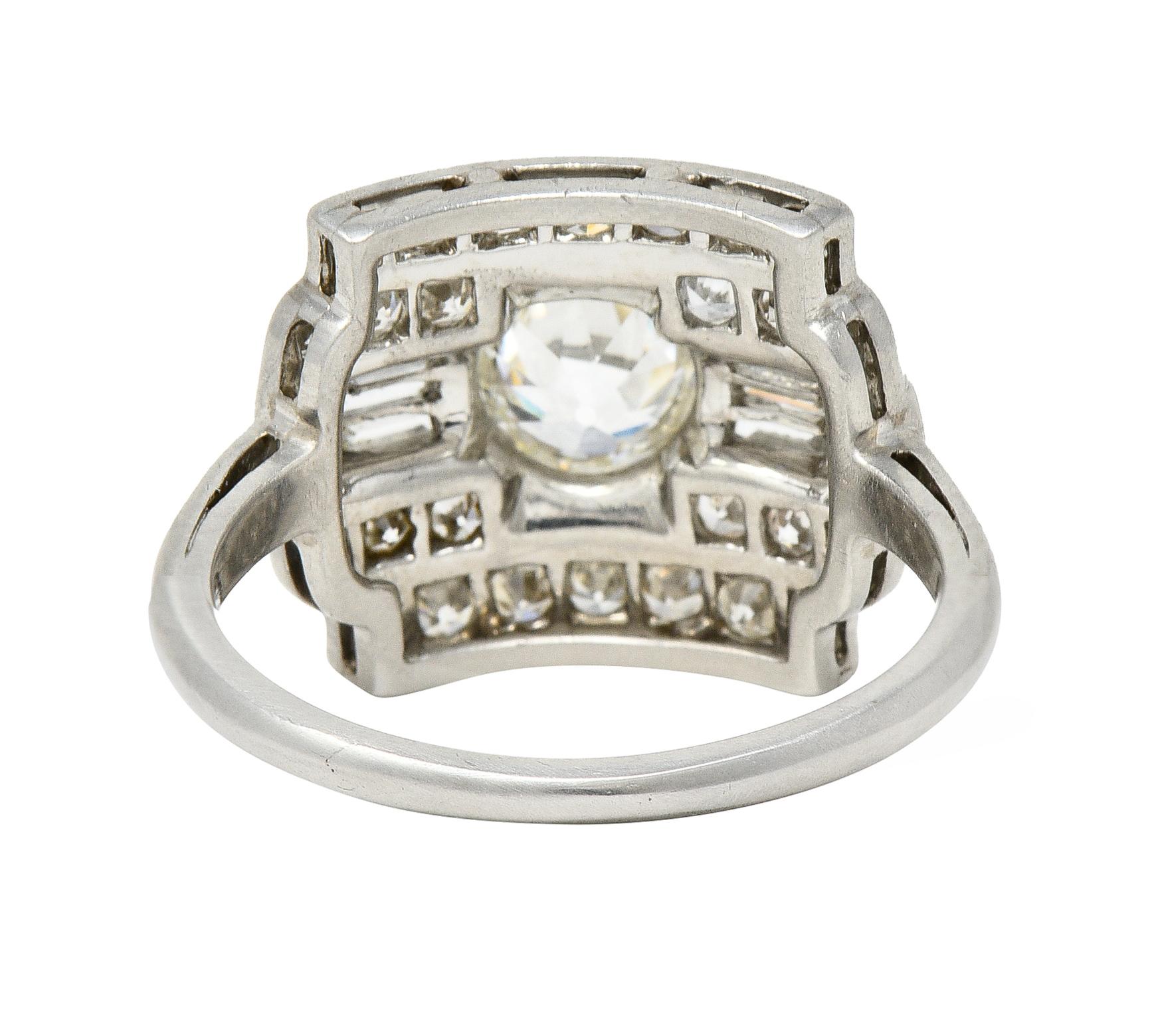 Old European Cut Maurice Tishman Art Deco 1.66 Carats Diamond Platinum Cluster Dinner Ring