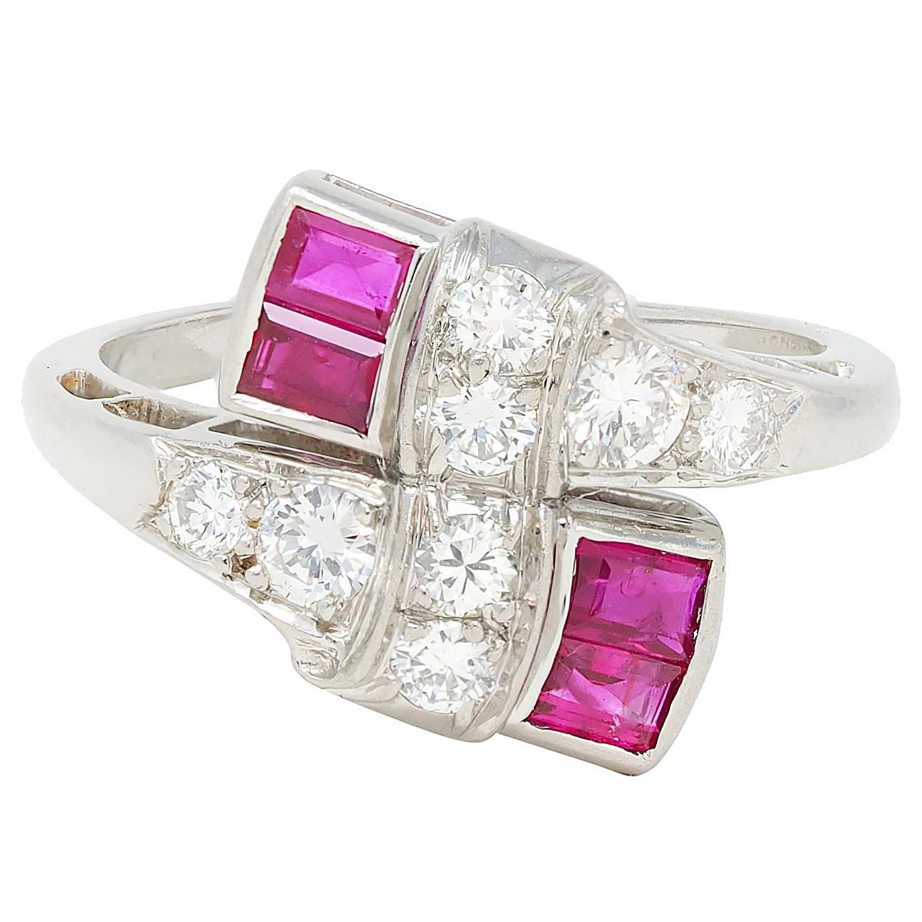 Maurice Tishman Mitte des Jahrhunderts Rubin-Diamant-Platin Bypass Ring im Angebot