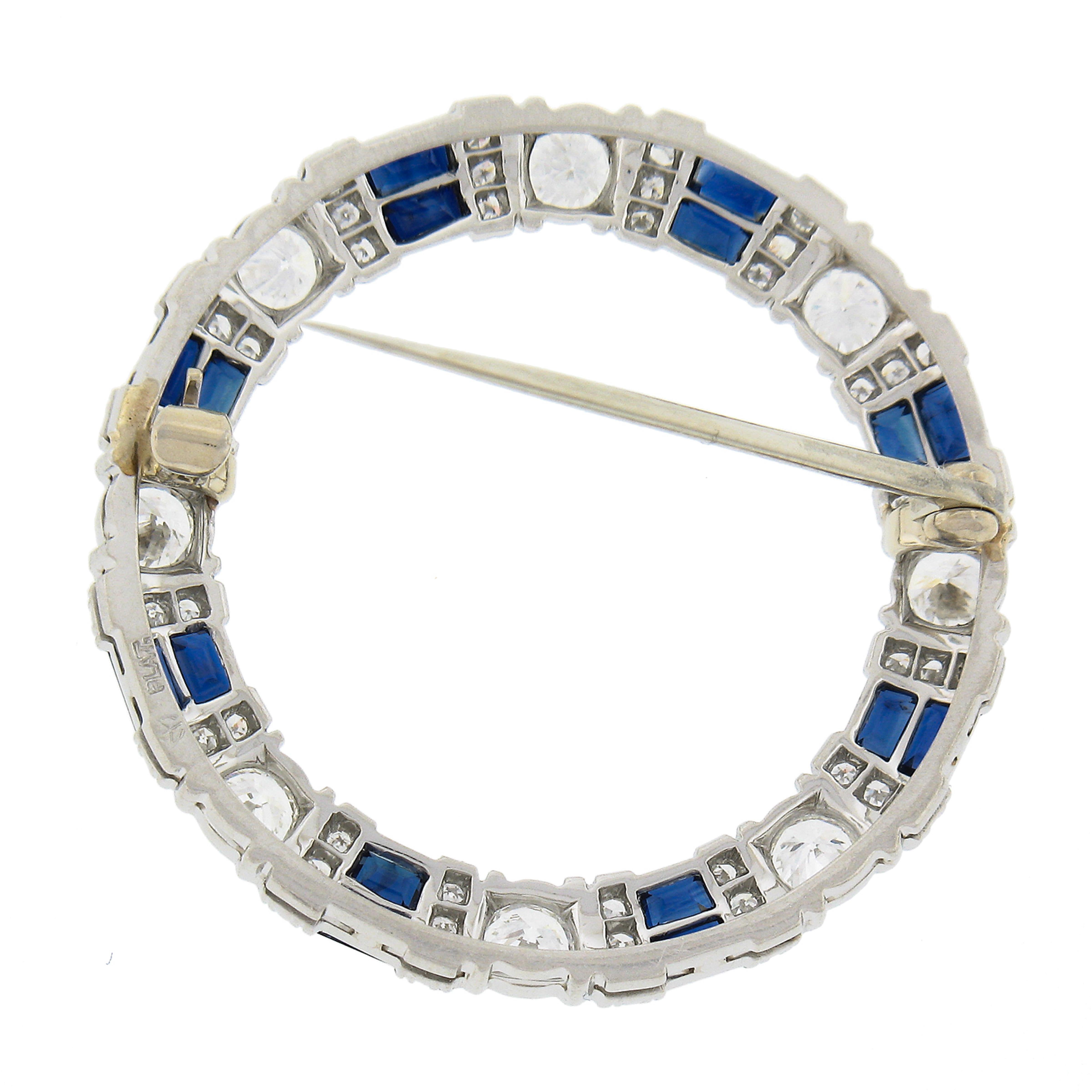 French Cut Maurice Tishman Platinum 4.82ctw Diamond & Sapphire Circle Wreath Pin Brooch