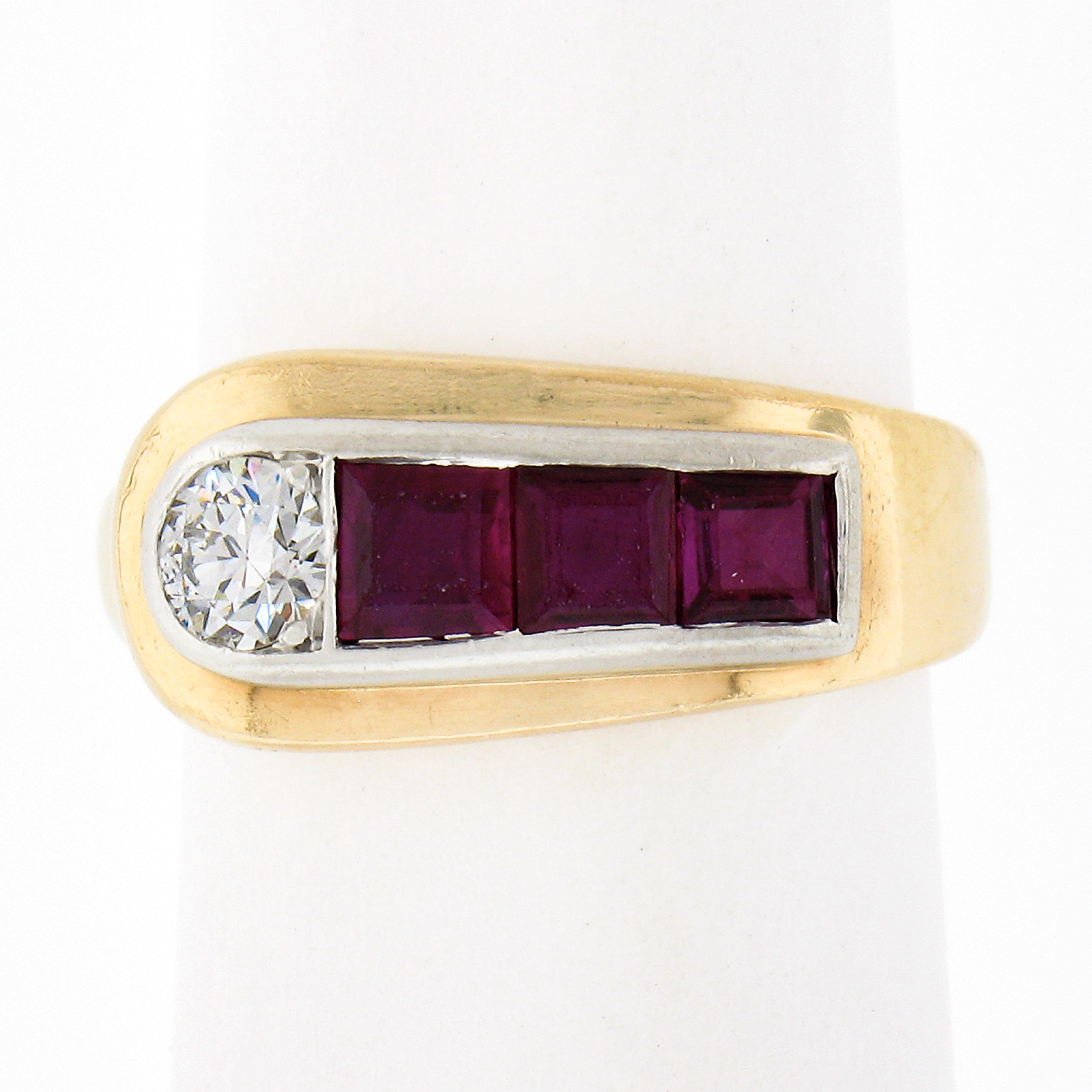 This unisex retro vintage ring by Maurice Tishman is crafted in solid 14k Yellow gold and platinum, it features like buckle design adorned with 1 fine diamond and 3 ruby stones throughout its platinum top. The square step cut rubies show gorgeous