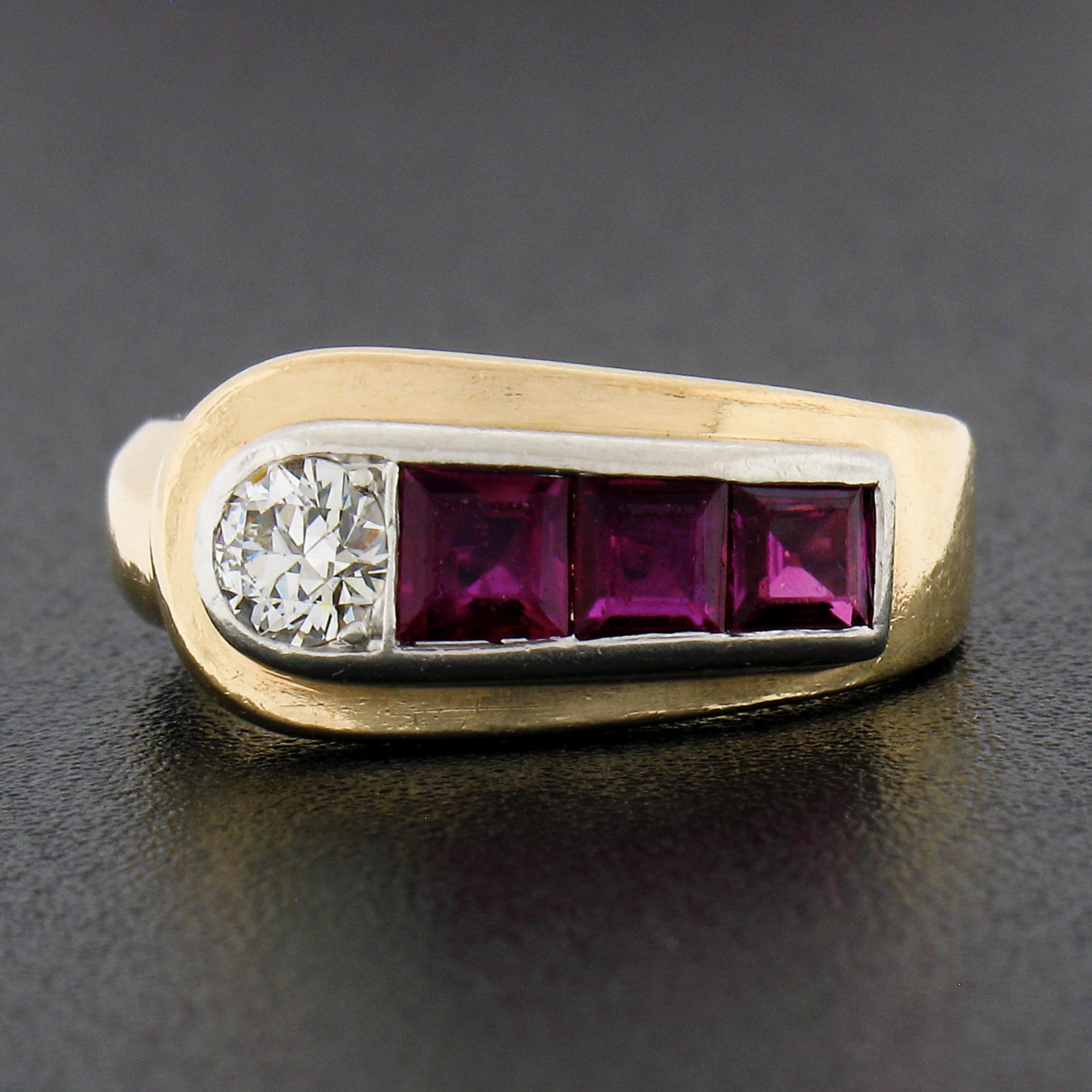 Square Cut Maurice Tishman Retro 14k Gold & Platinum Diamond & Ruby Buckle Style Band Ring For Sale