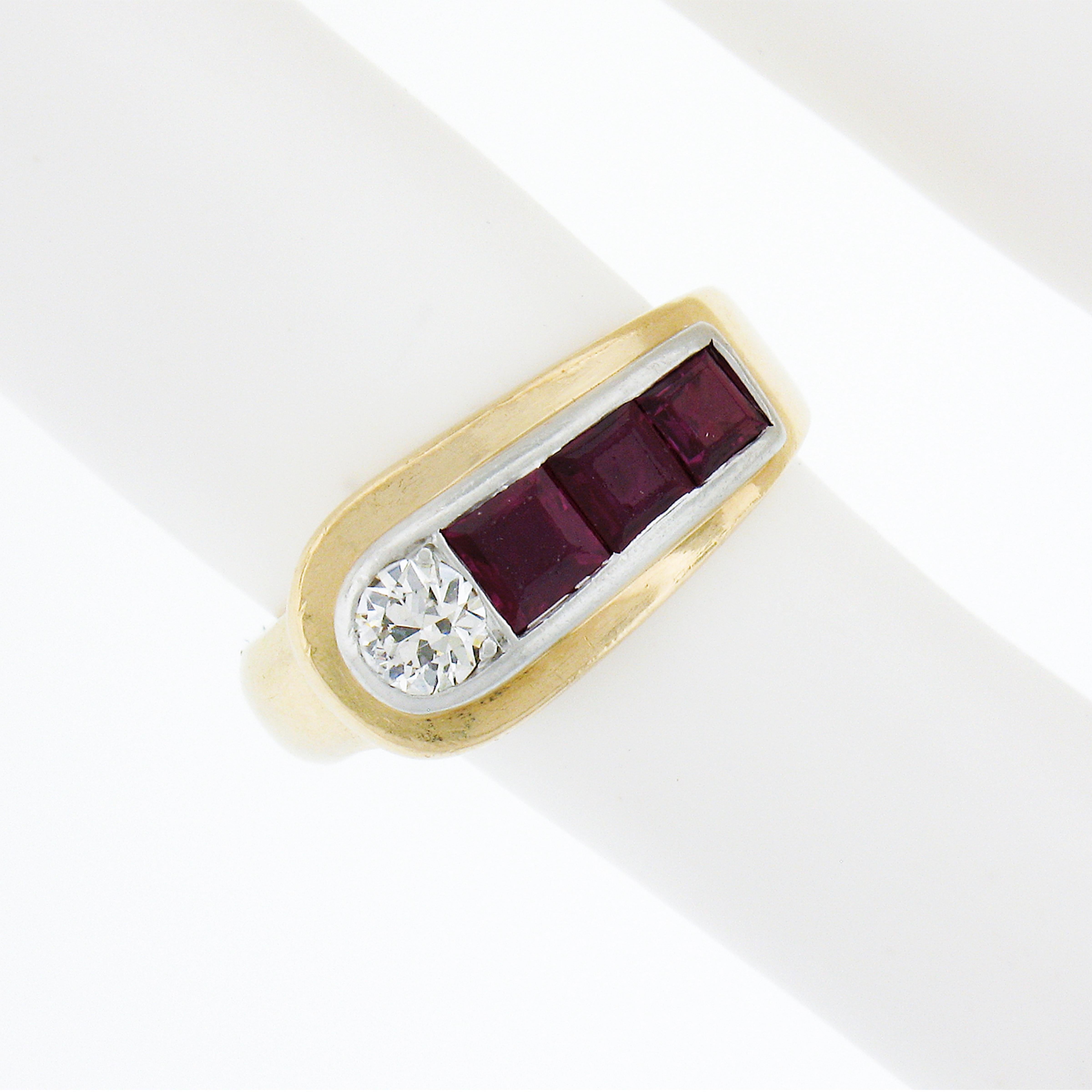 Maurice Tishman Retro 14k Gold & Platinum Diamond & Ruby Buckle Style Band Ring In Good Condition For Sale In Montclair, NJ