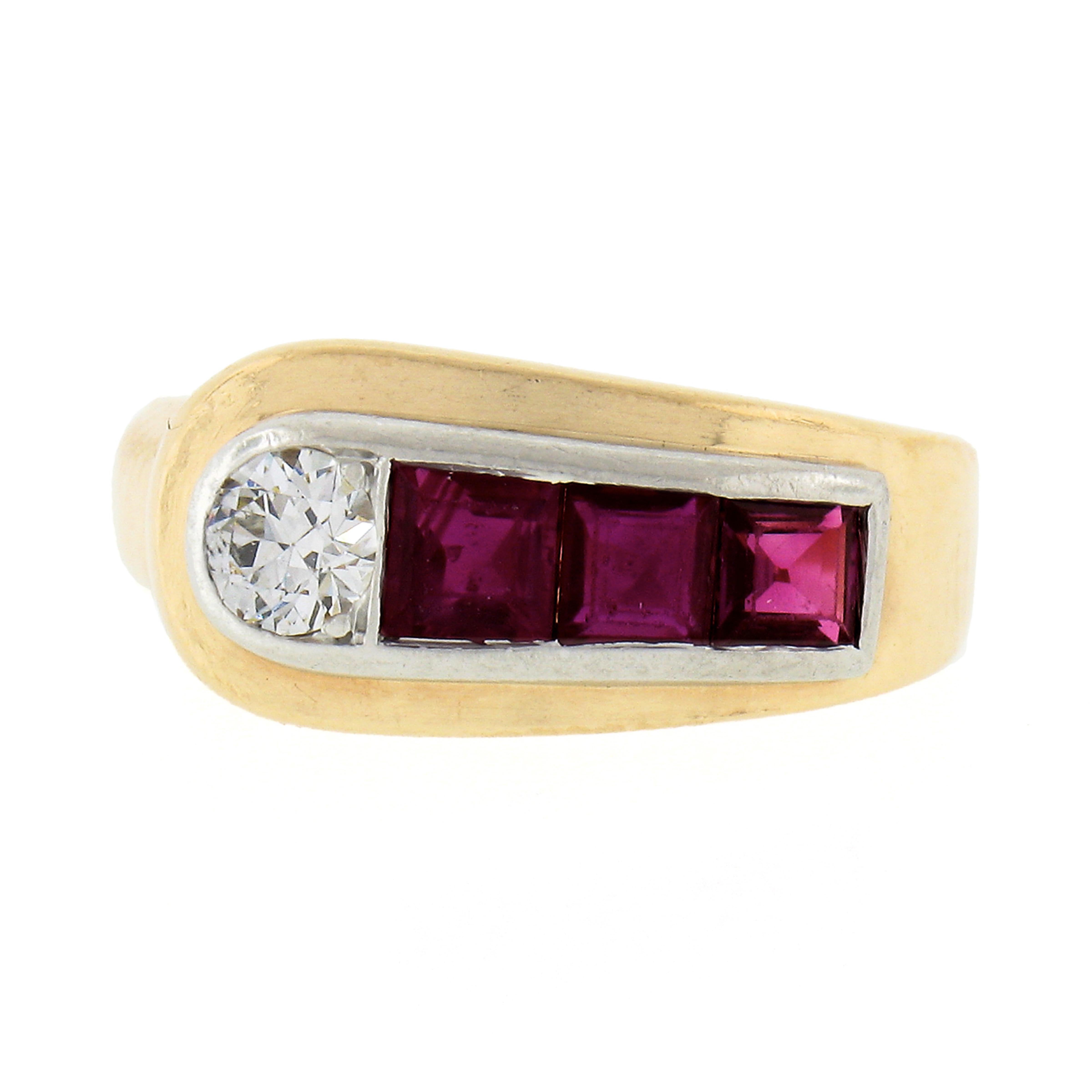 Women's or Men's Maurice Tishman Retro 14k Gold & Platinum Diamond & Ruby Buckle Style Band Ring For Sale