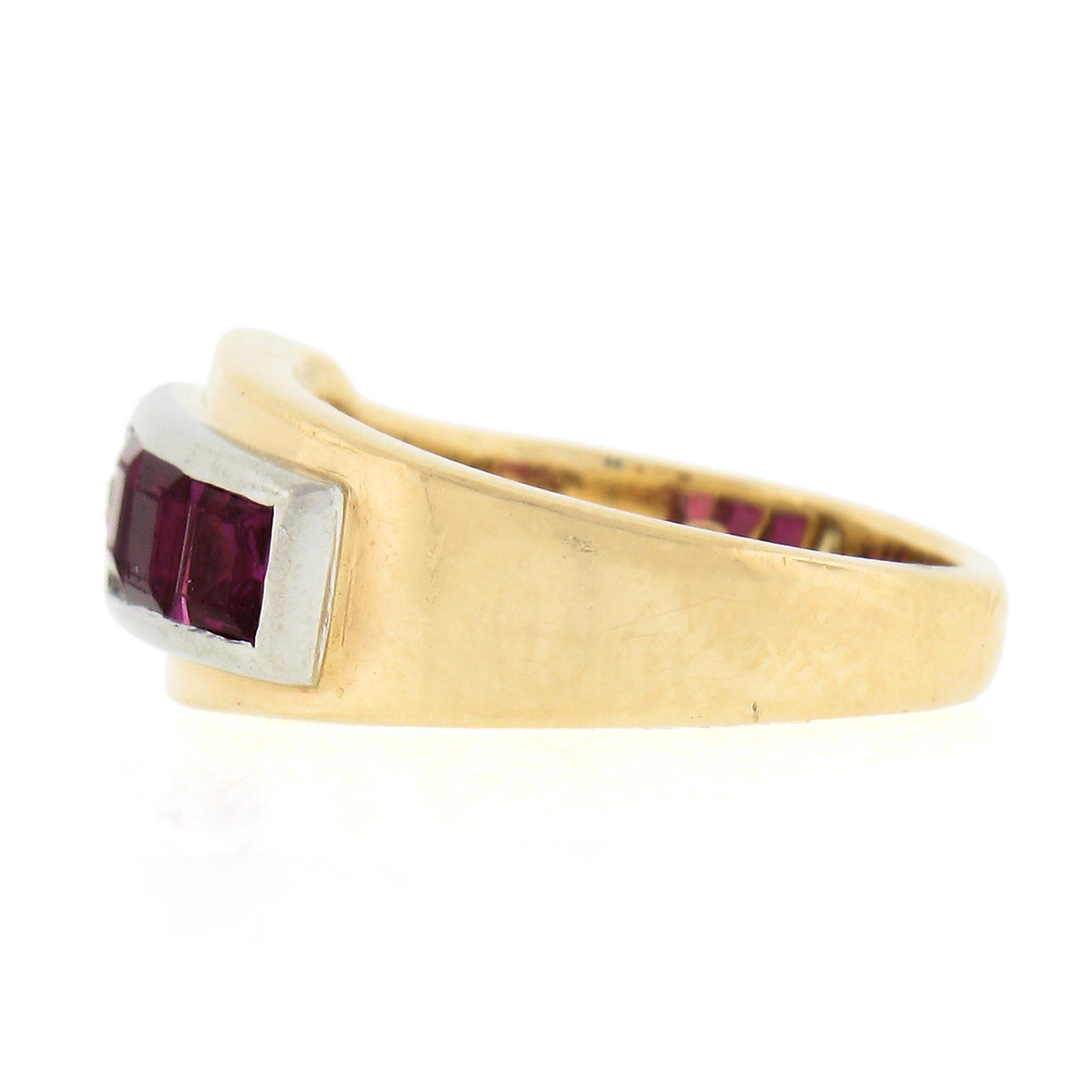 Maurice Tishman Retro 14k Gold & Platinum Diamond & Ruby Buckle Style Band Ring For Sale 2