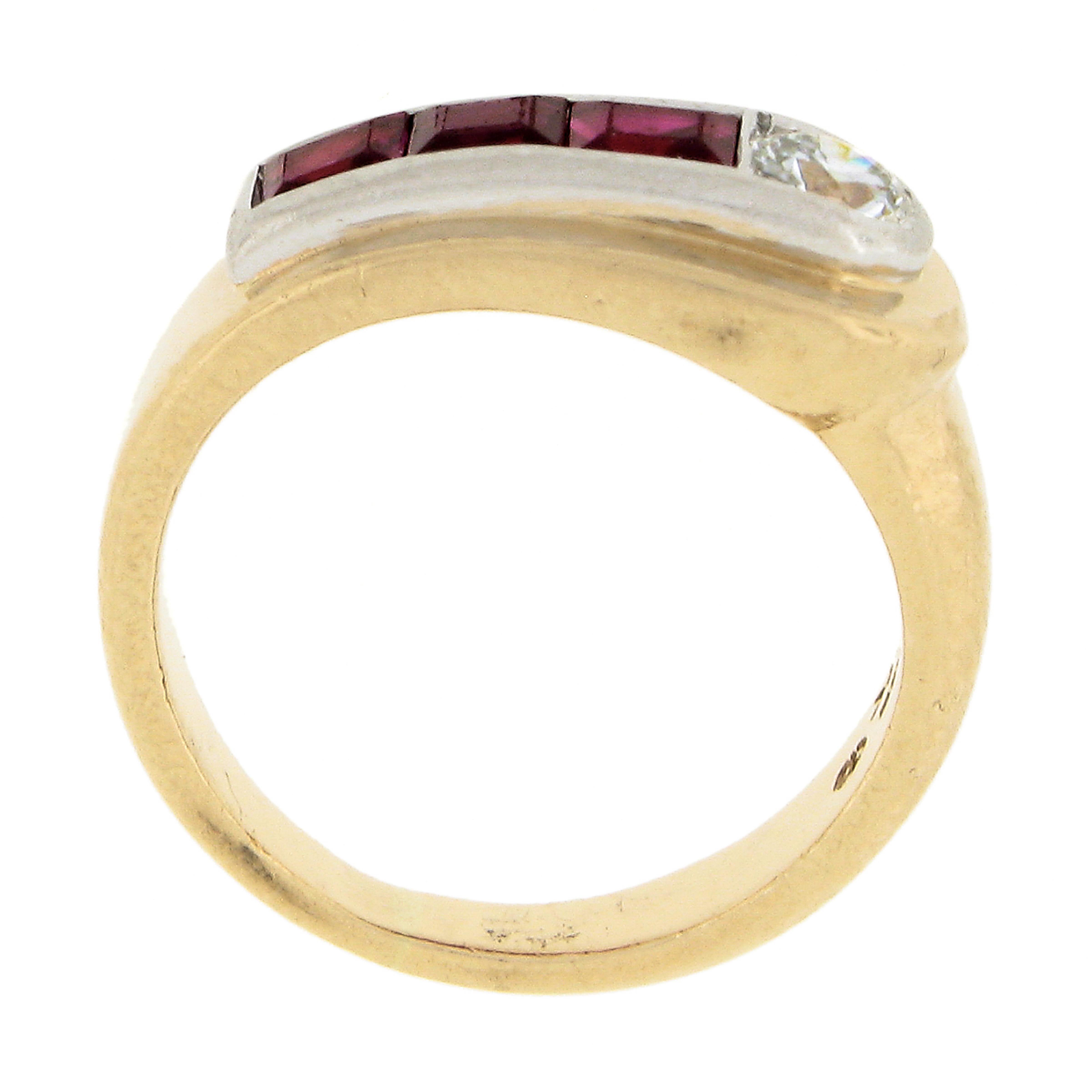 Maurice Tishman Retro 14k Gold & Platinum Diamond & Ruby Buckle Style Band Ring For Sale 4