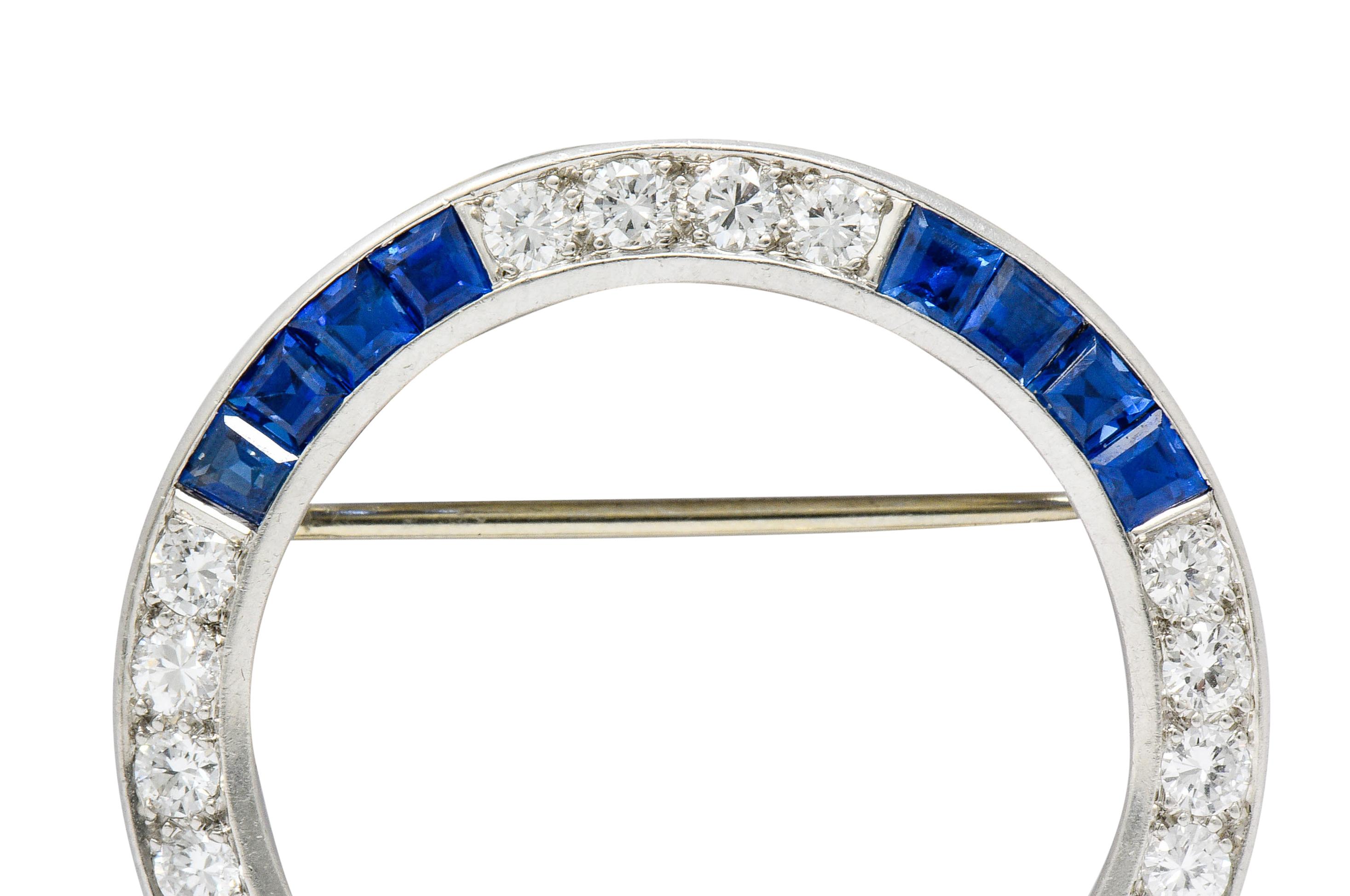 Maurice Tishman Vintage 5.15 Carat Sapphire Diamond Platinum Circle Brooch In Excellent Condition In Philadelphia, PA