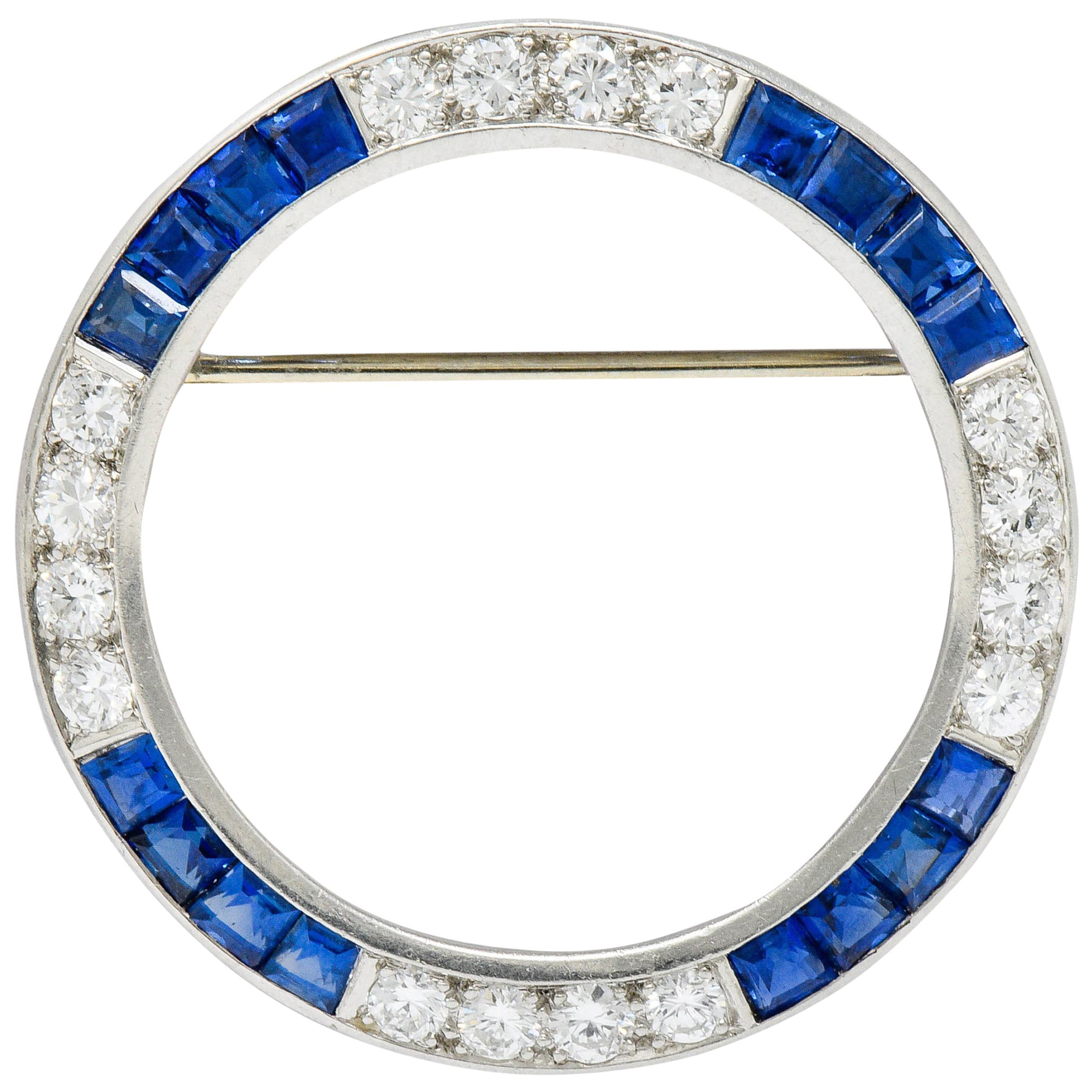 Maurice Tishman Vintage 5.15 Carat Sapphire Diamond Platinum Circle Brooch