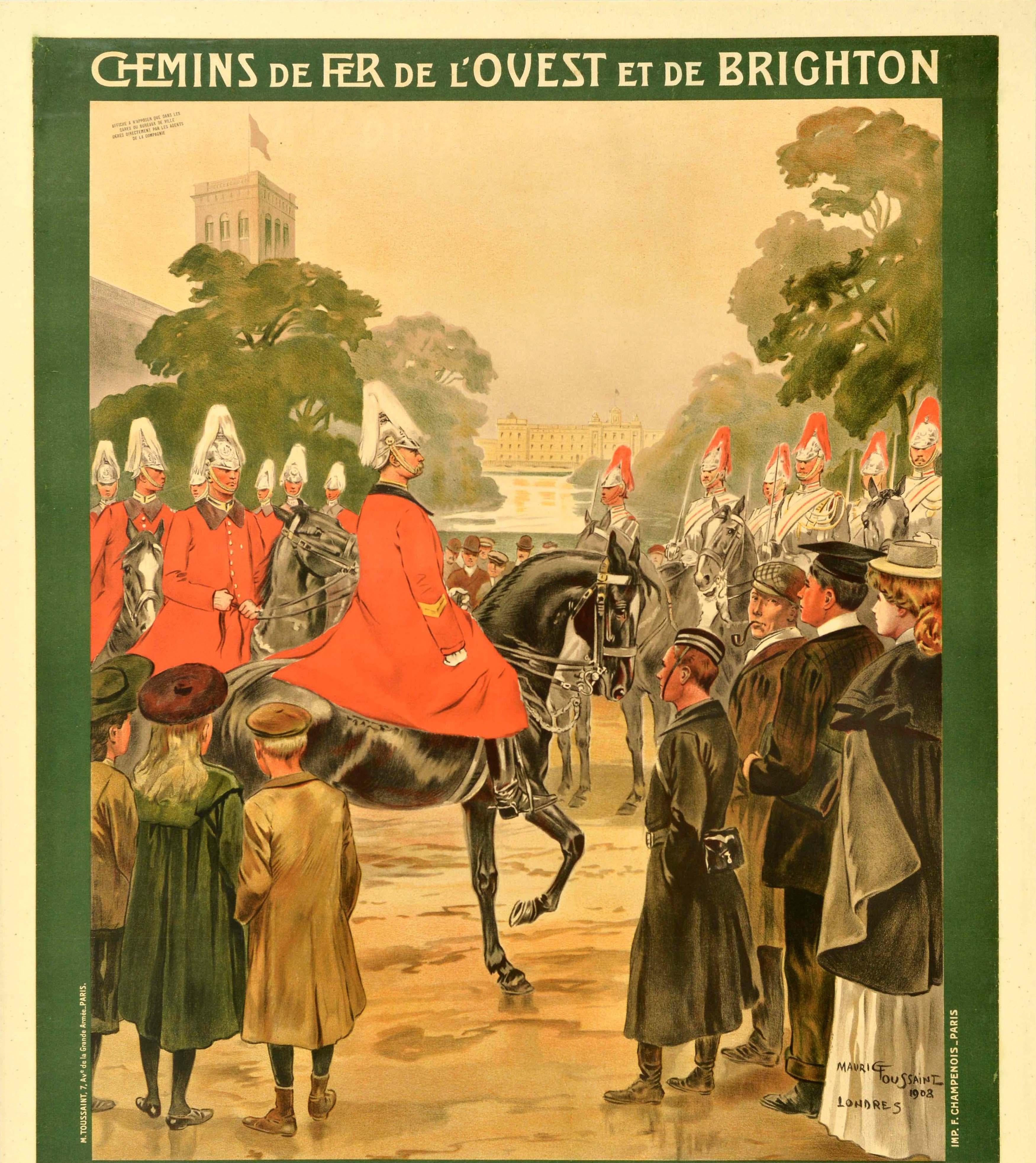 Originales antikes Reiseplakat für die Western and Brighton Railway Paris nach London über Rouen Dieppe und Newhaven tägliche Abfahrten von Gare St Lazare / Chemins de Fer de l'Ouest et de Brighton Paris a Londres par Rouen, Dieppe & Newhaven