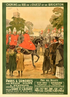 Poster di viaggio originale antico delle ferrovie occidentali e di Brighton da Parigi a Londra