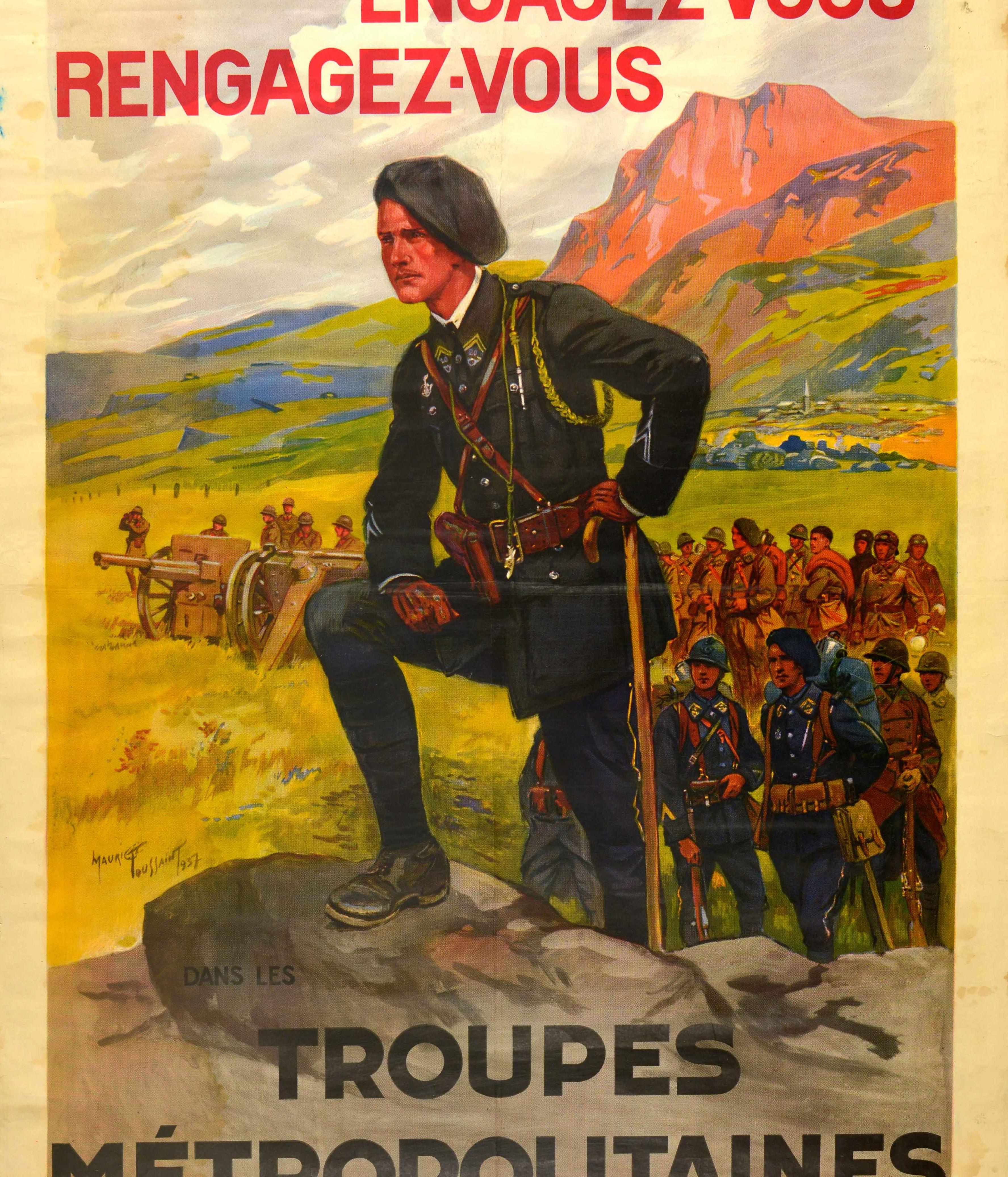 Originales französisches Rekrutierungsplakat - Join rejoin the Metropolitan Troops / Engagez-vous Rengagez-vous dans les Troupes Metropolitaines, herausgegeben vom Kriegsministerium der Republik Frankreich. Es zeigt ein Werk des französischen Malers