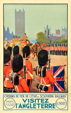 Original-Vintage-Reiseplakat, Eisenbahn, England, Süd-Eisenbahn, Royal Guards, Kunst