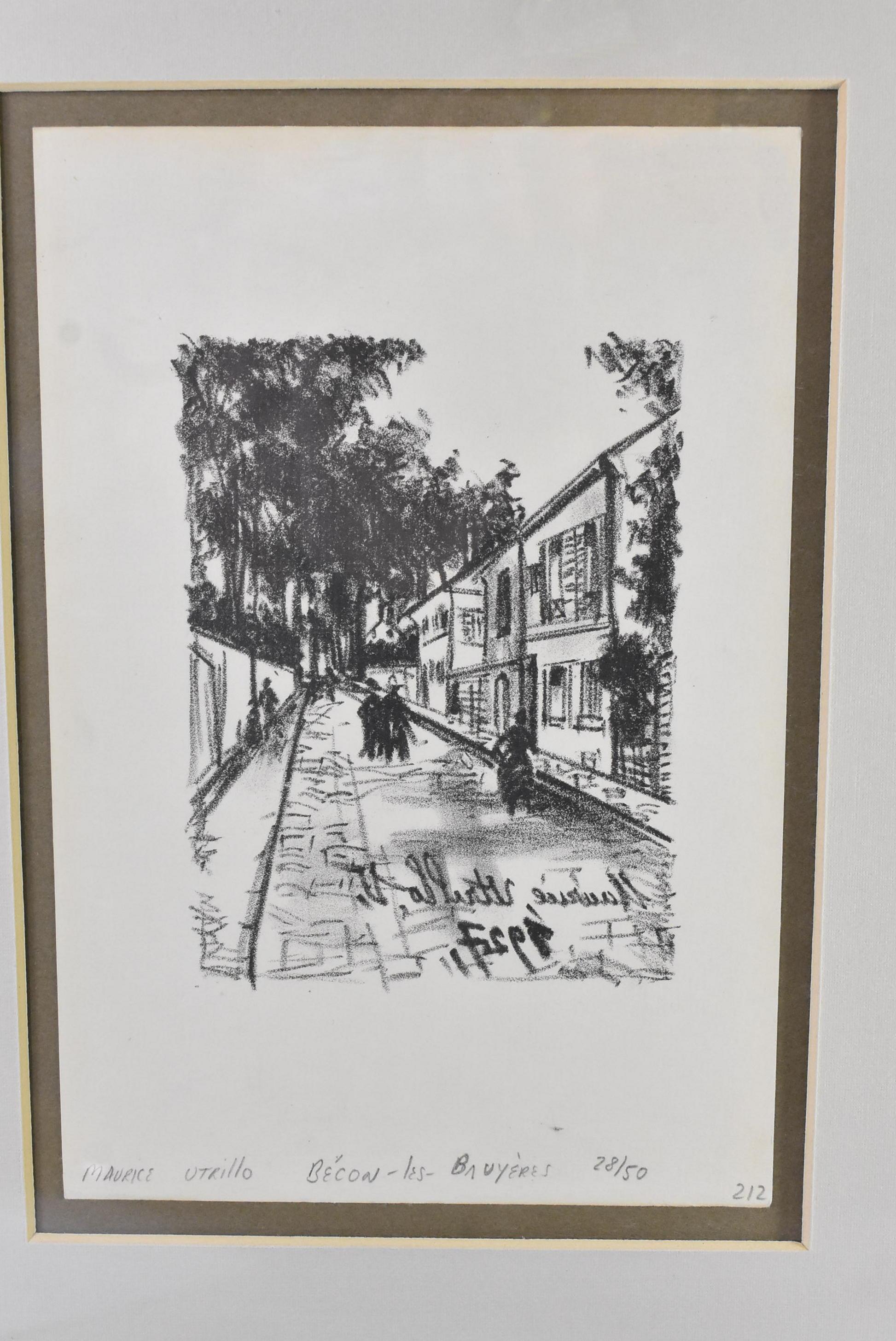 French artist Maurice Utrillo signed and numbered print, street scene 28/50, 1883-1955. Frame has wear. Image size is 5.88