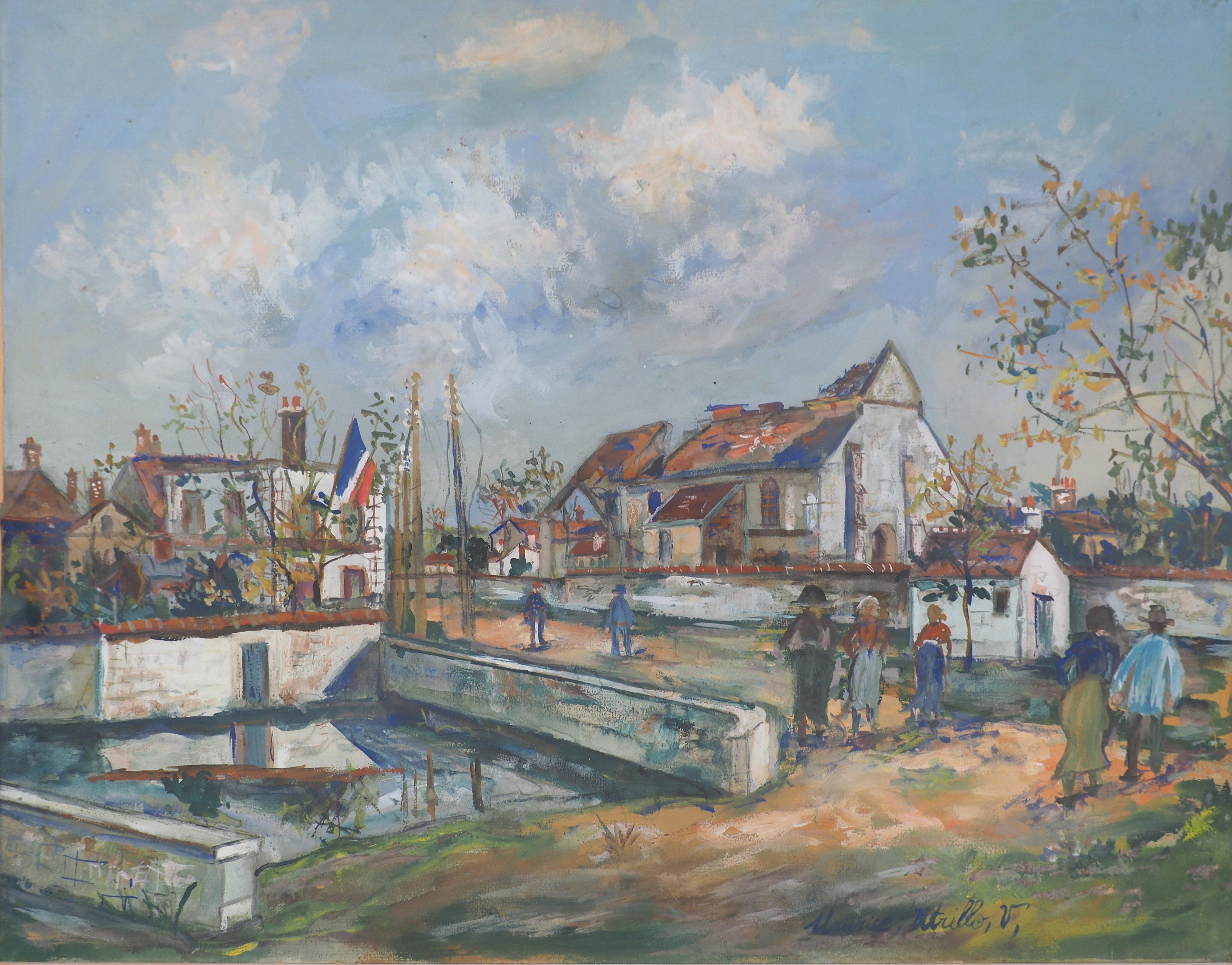 Iglesia de Charleville después de la guerra - Original gouache Firmado a mano #CERTIFICADO - Painting de Maurice Utrillo