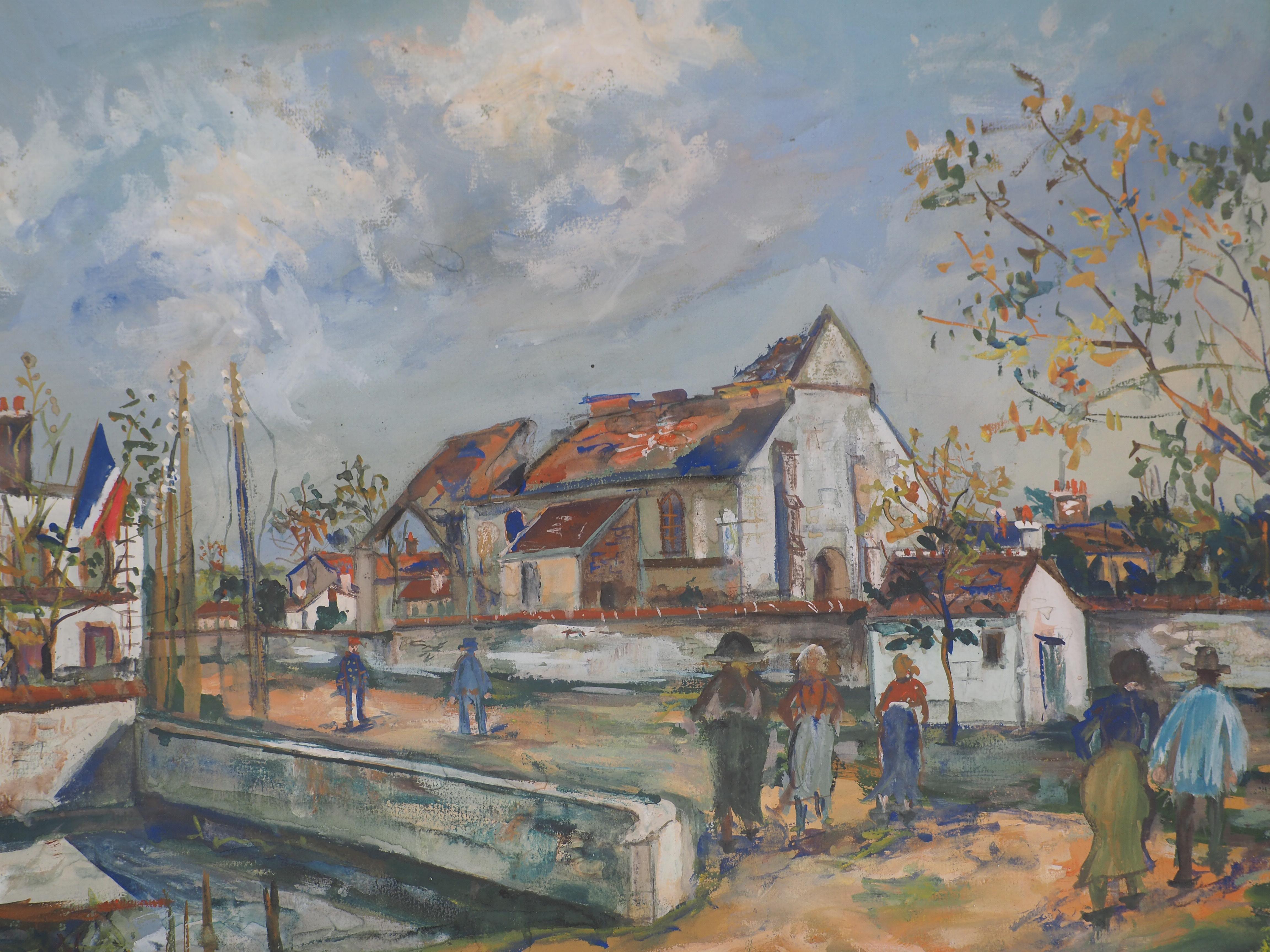 Iglesia de Charleville después de la guerra - Original gouache Firmado a mano #CERTIFICADO - Landscape Painting Marrón de Maurice Utrillo
