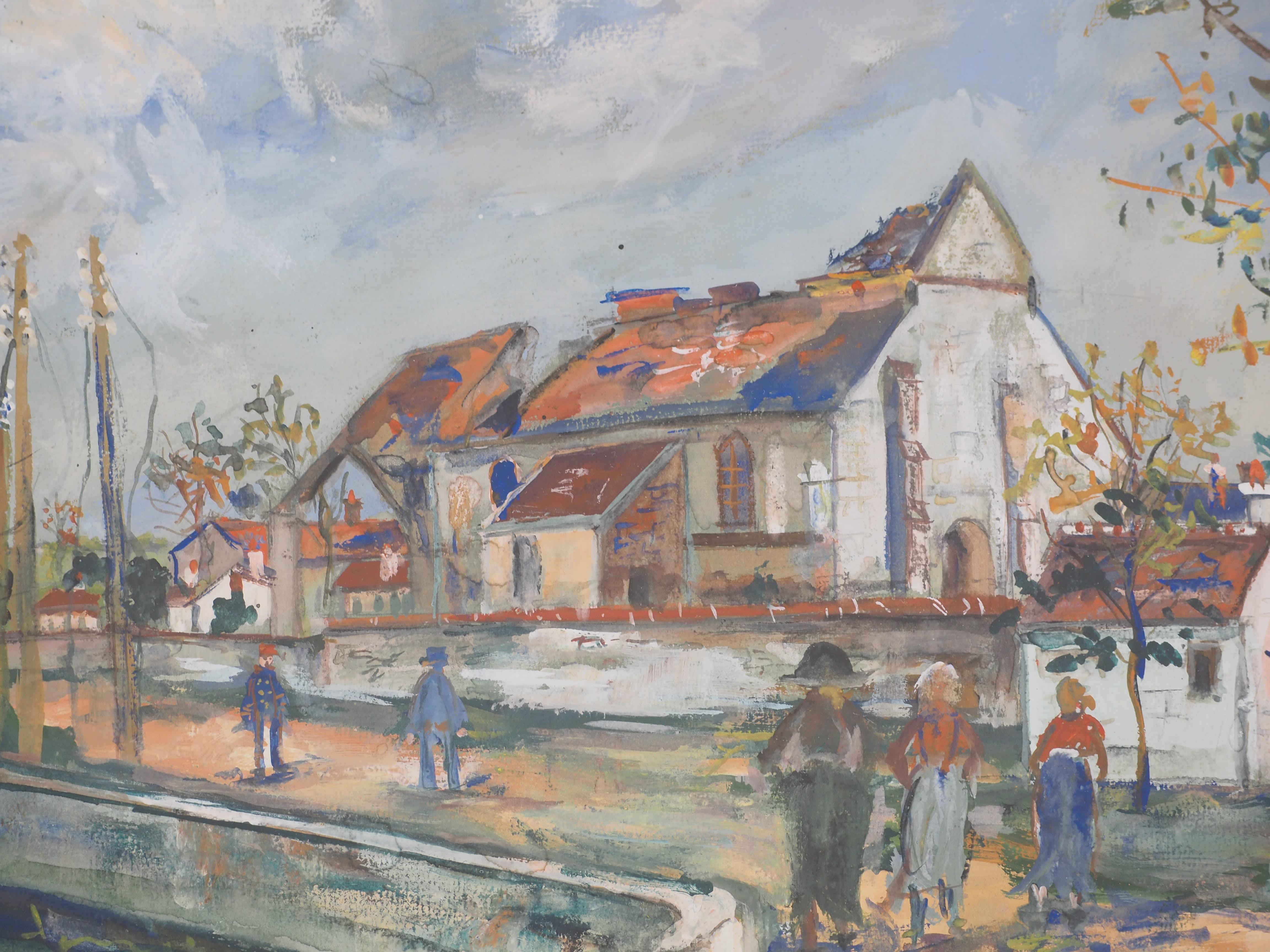 Iglesia de Charleville después de la guerra - Original gouache Firmado a mano #CERTIFICADO en venta 3