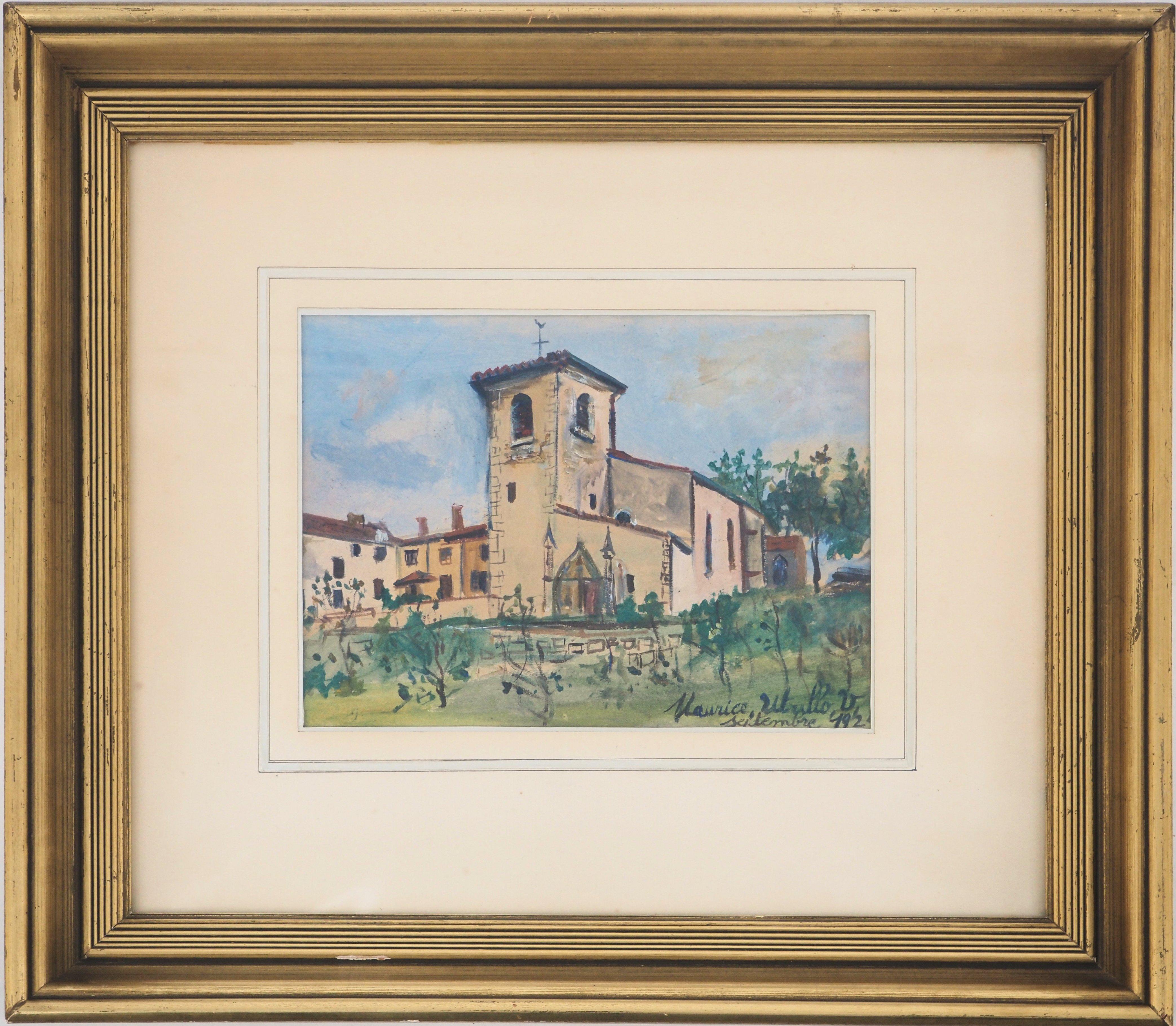 Church of St Bernard - Original gouache on paper, Handsigned - Painting by Maurice Utrillo