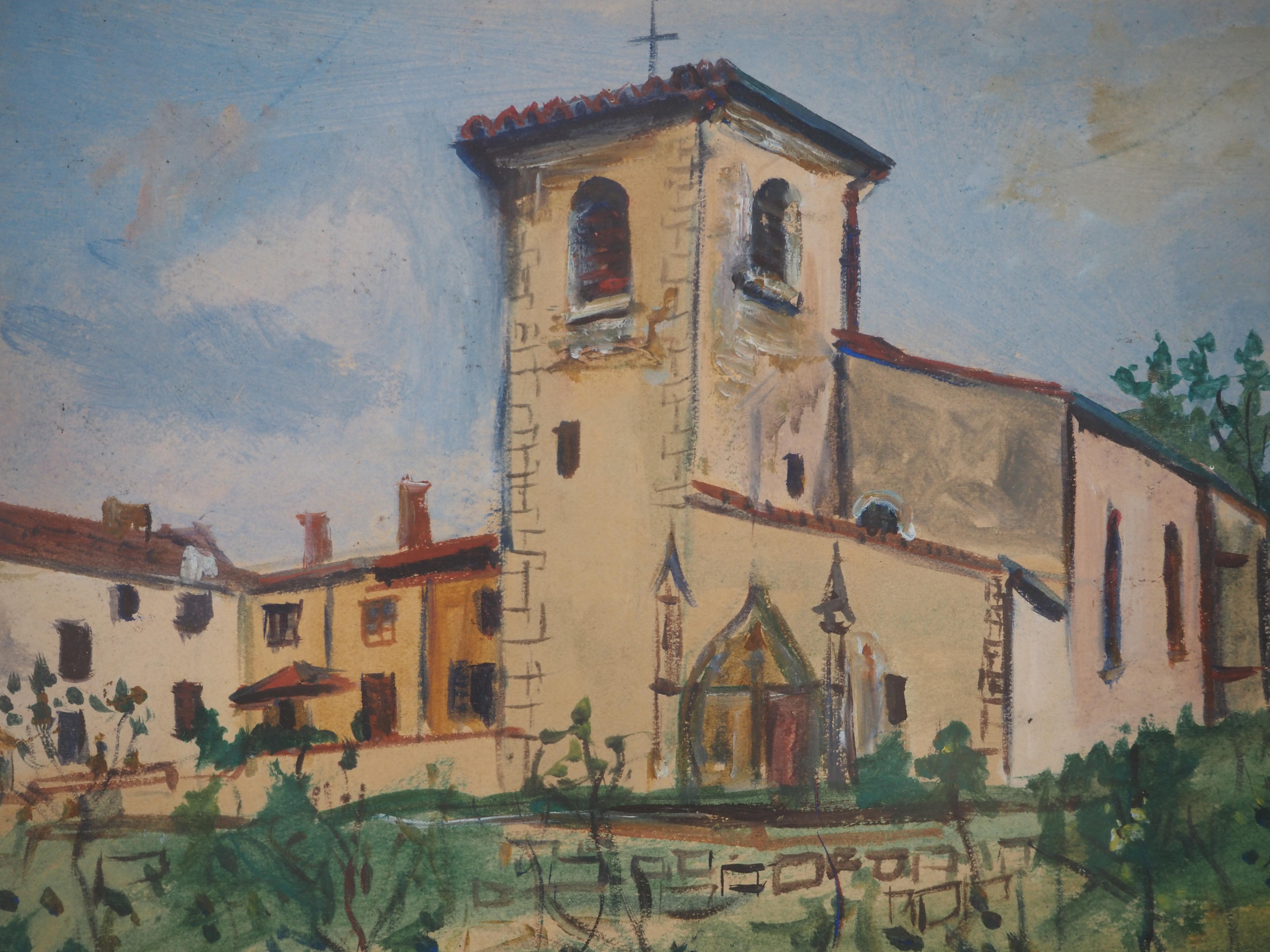 Church of St Bernard - Original gouache on paper, Handsigned - Realist Painting by Maurice Utrillo