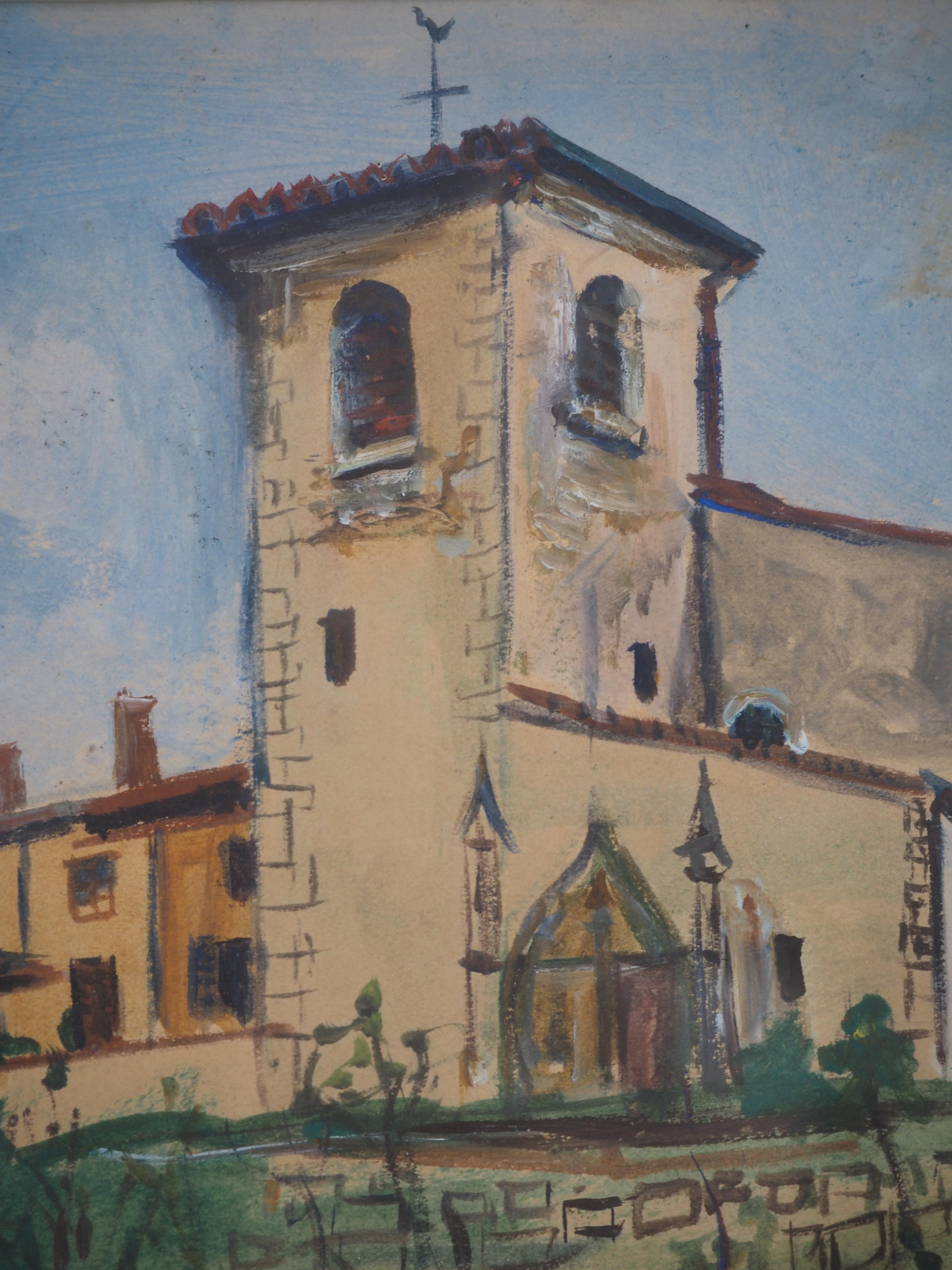 Church of St Bernard - Original gouache on paper, Handsigned - Gray Landscape Painting by Maurice Utrillo