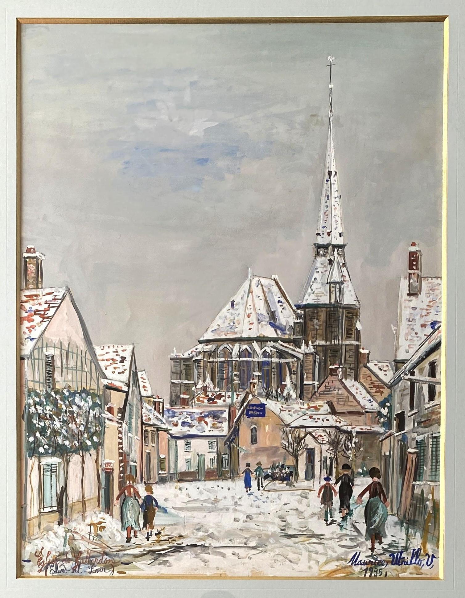 Gallardon Church - Tall original gouache on paper, Handsigned #Certificate - Realist Painting by Maurice Utrillo