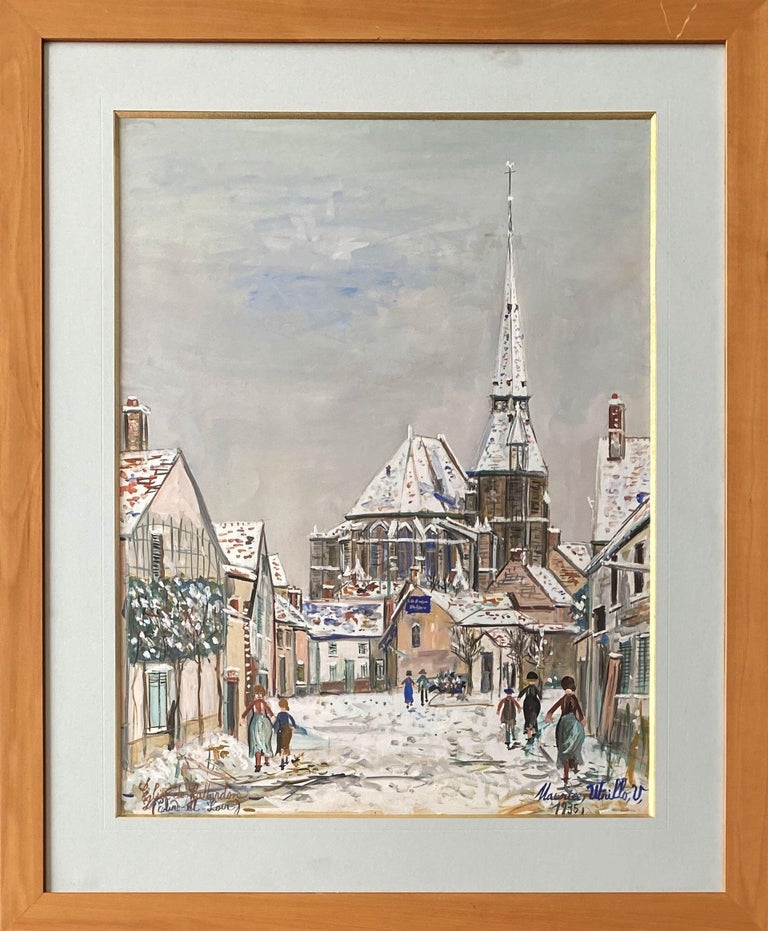 Maurice Utrillo Landscape Painting - Gallardon Church - Tall original gouache on paper, Handsigned #Certificate