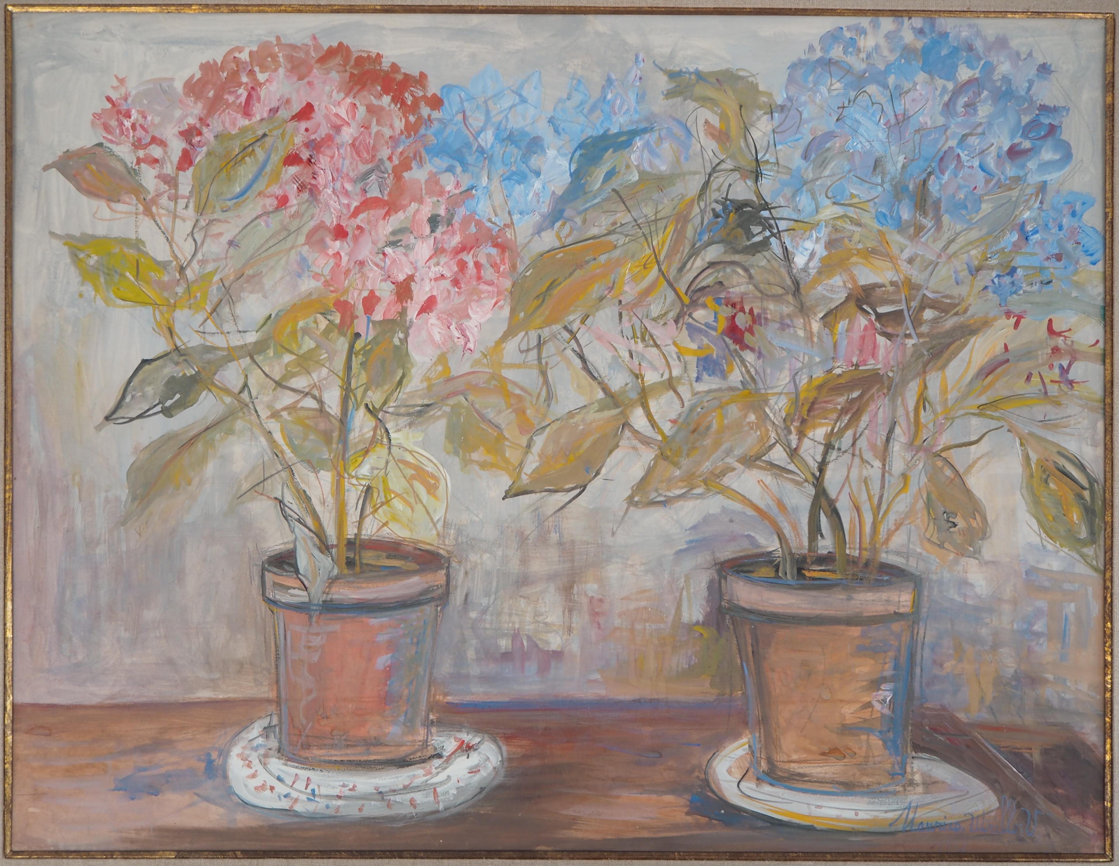 Pink and Blue Hydrangeas - Tall Original gouache painting, Signed - Cerificate - Post-Impressionist Painting by Maurice Utrillo