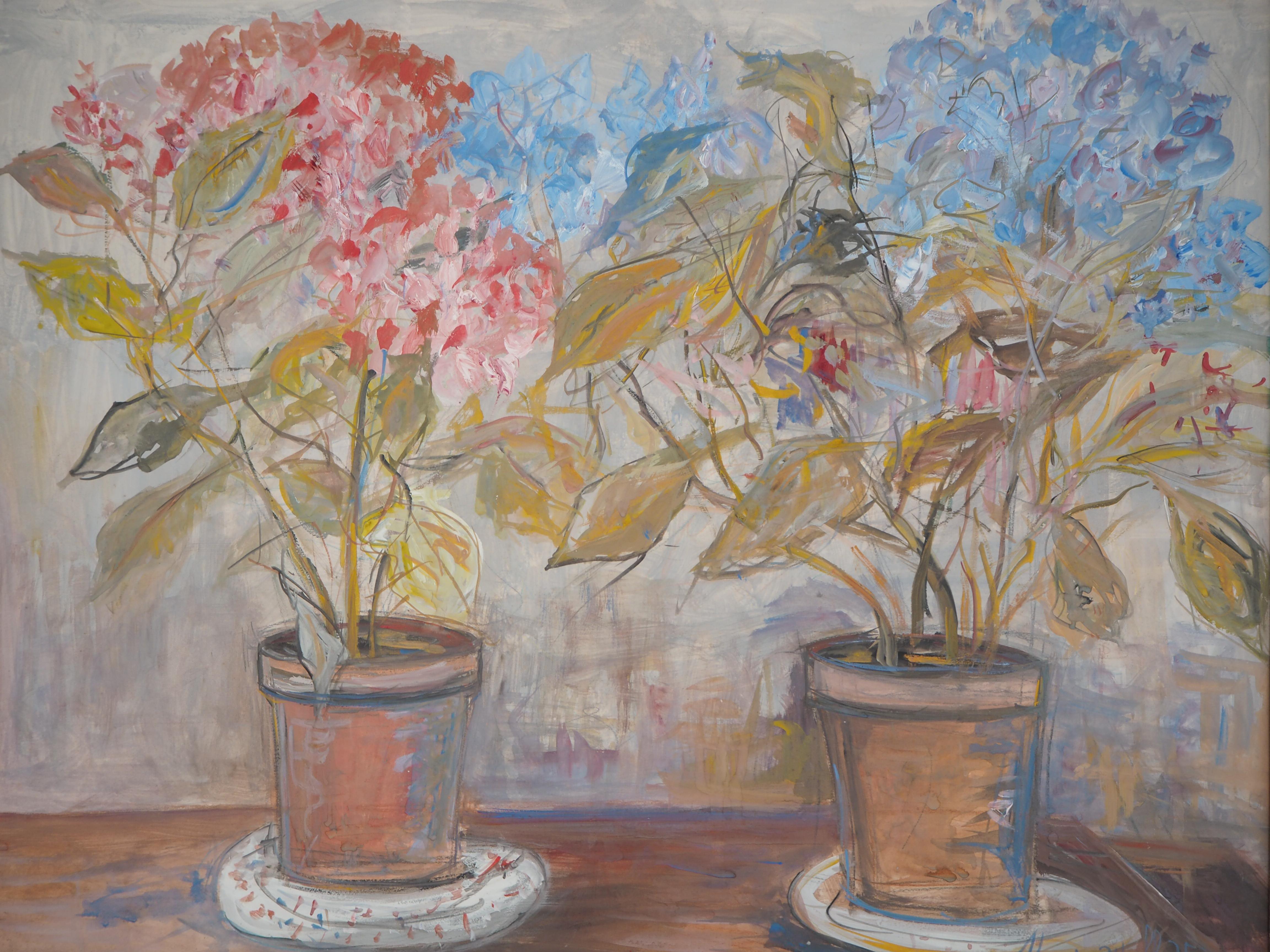 Pink and Blue Hydrangeas - Tall Original gouache painting, Signed - Cerificate - Brown Interior Painting by Maurice Utrillo