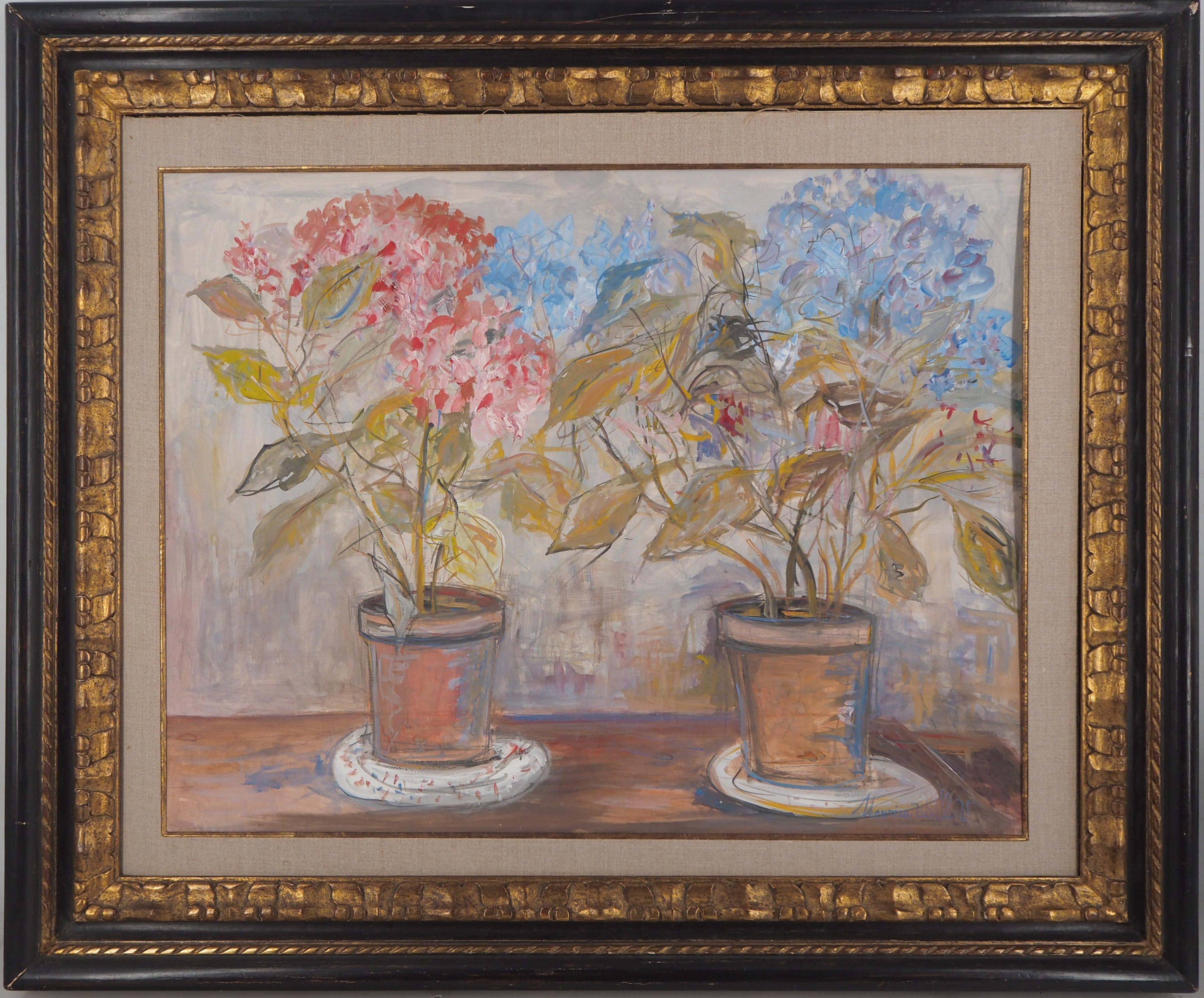 Maurice Utrillo Interior Painting - Pink and Blue Hydrangeas - Tall Original gouache painting, Signed - Cerificate