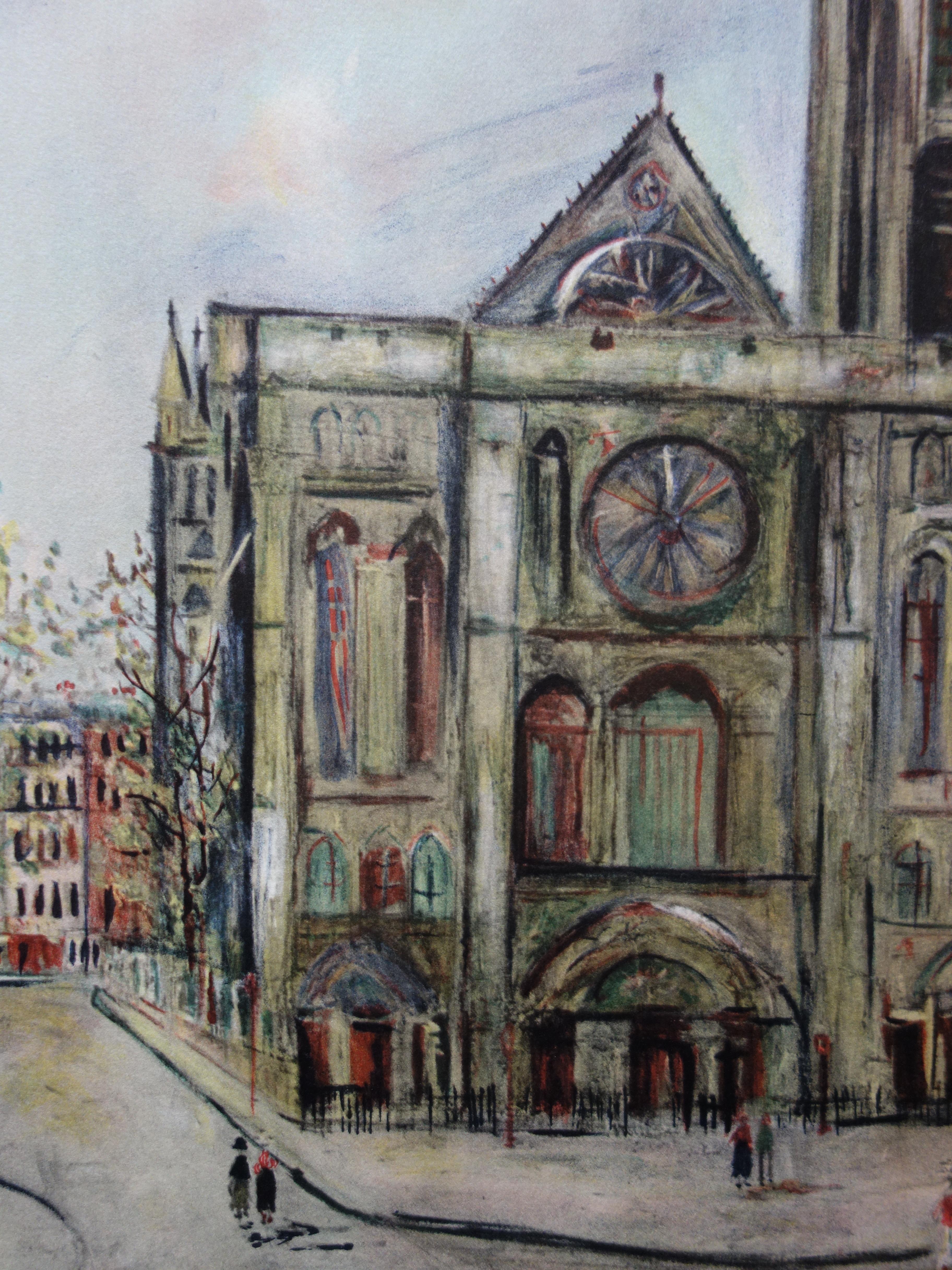 Basilica of Saint Denis - Original lithograph - Gray Figurative Print by Maurice Utrillo