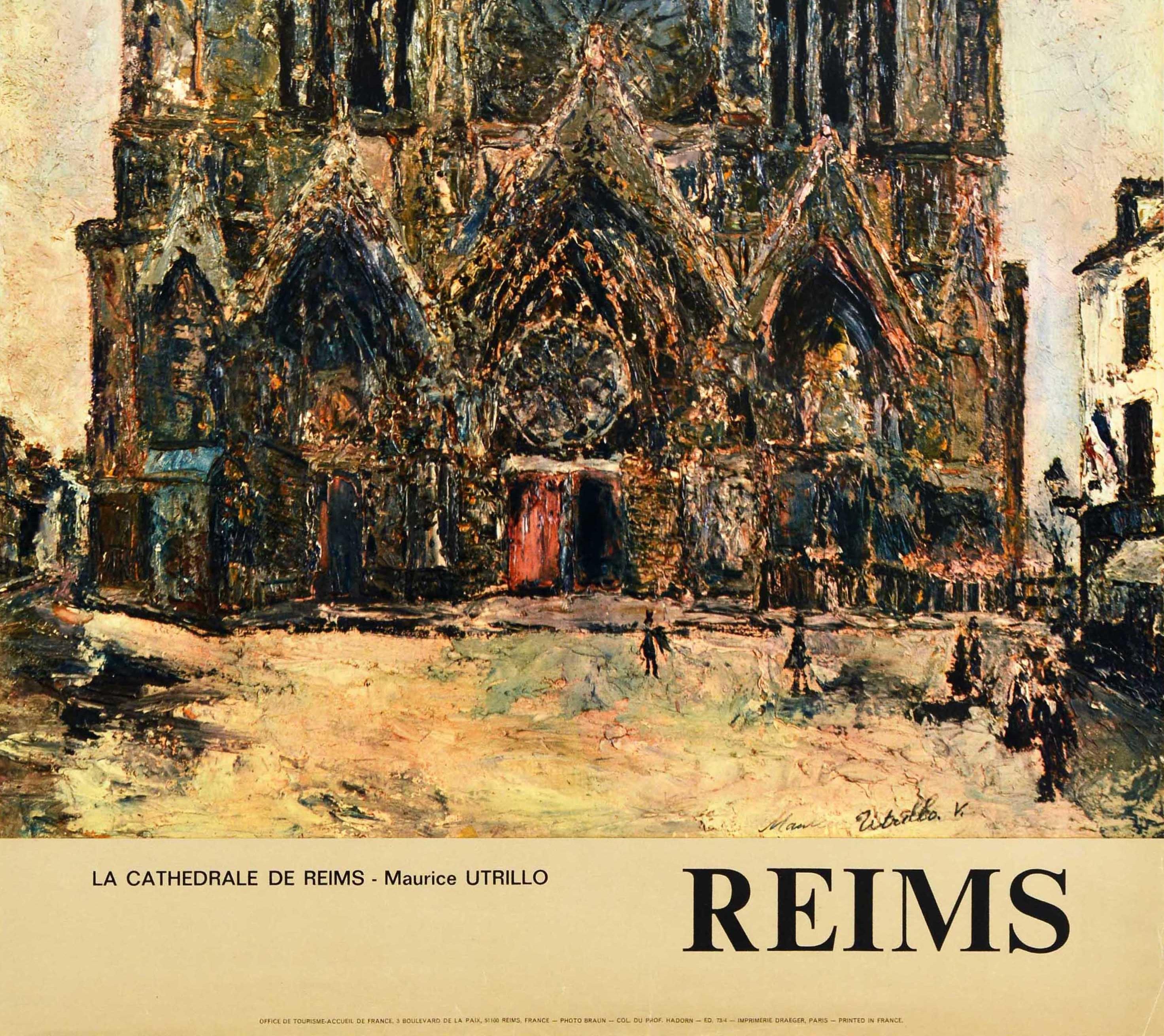 Poster di viaggio originale d'epoca Le Cathedrale De Reims Chiesa Cattedrale Francia - Print Beige di Maurice Utrillo