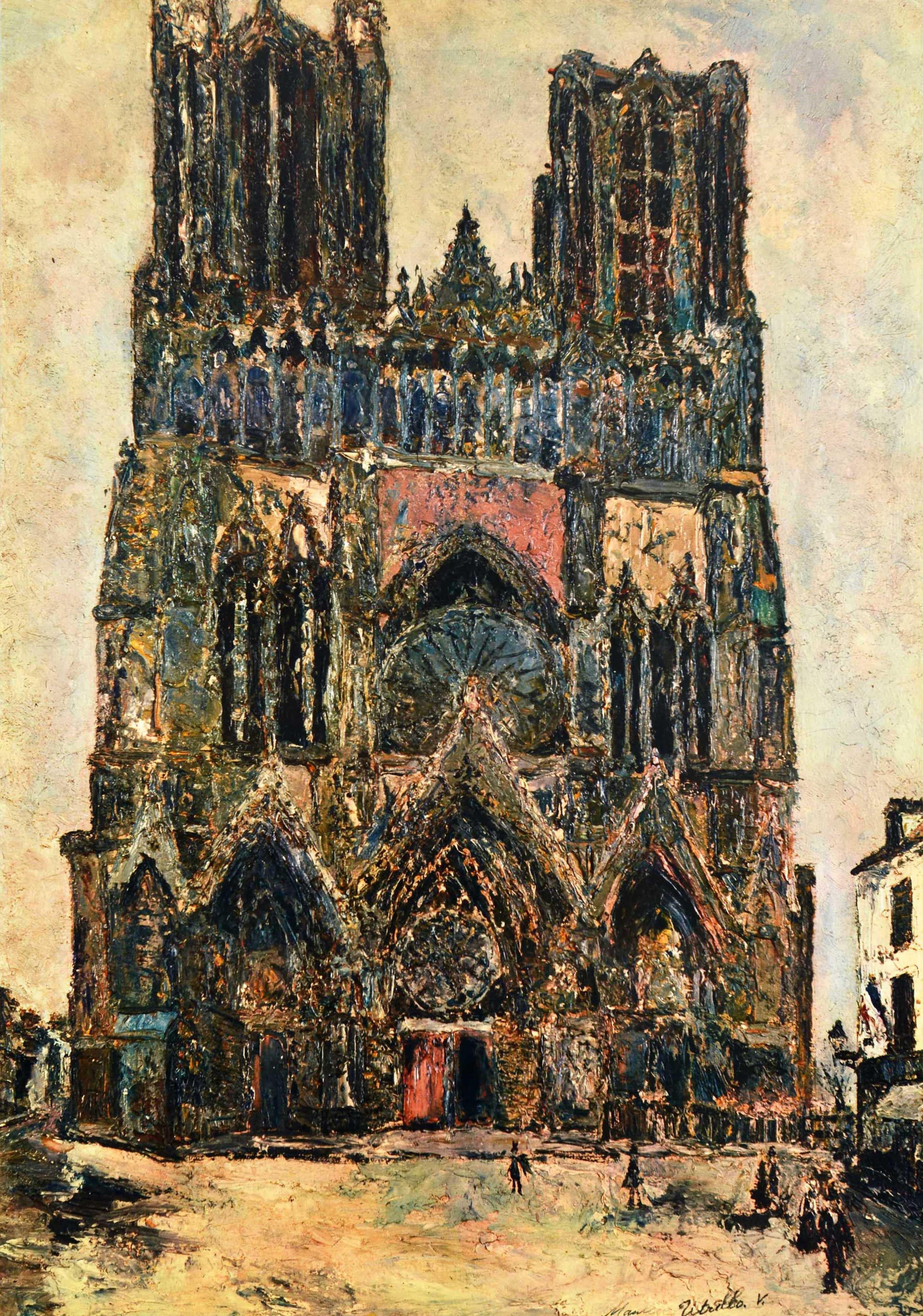 Poster di viaggio originale d'epoca per Reims con l'opera di Maurice Utrillo (1883-1955) che raffigura la Cattedrale di Reims / Le Cathedrale de Reims. Splendido dipinto della storica chiesa cattedrale cattolica romana che mostra le persone che