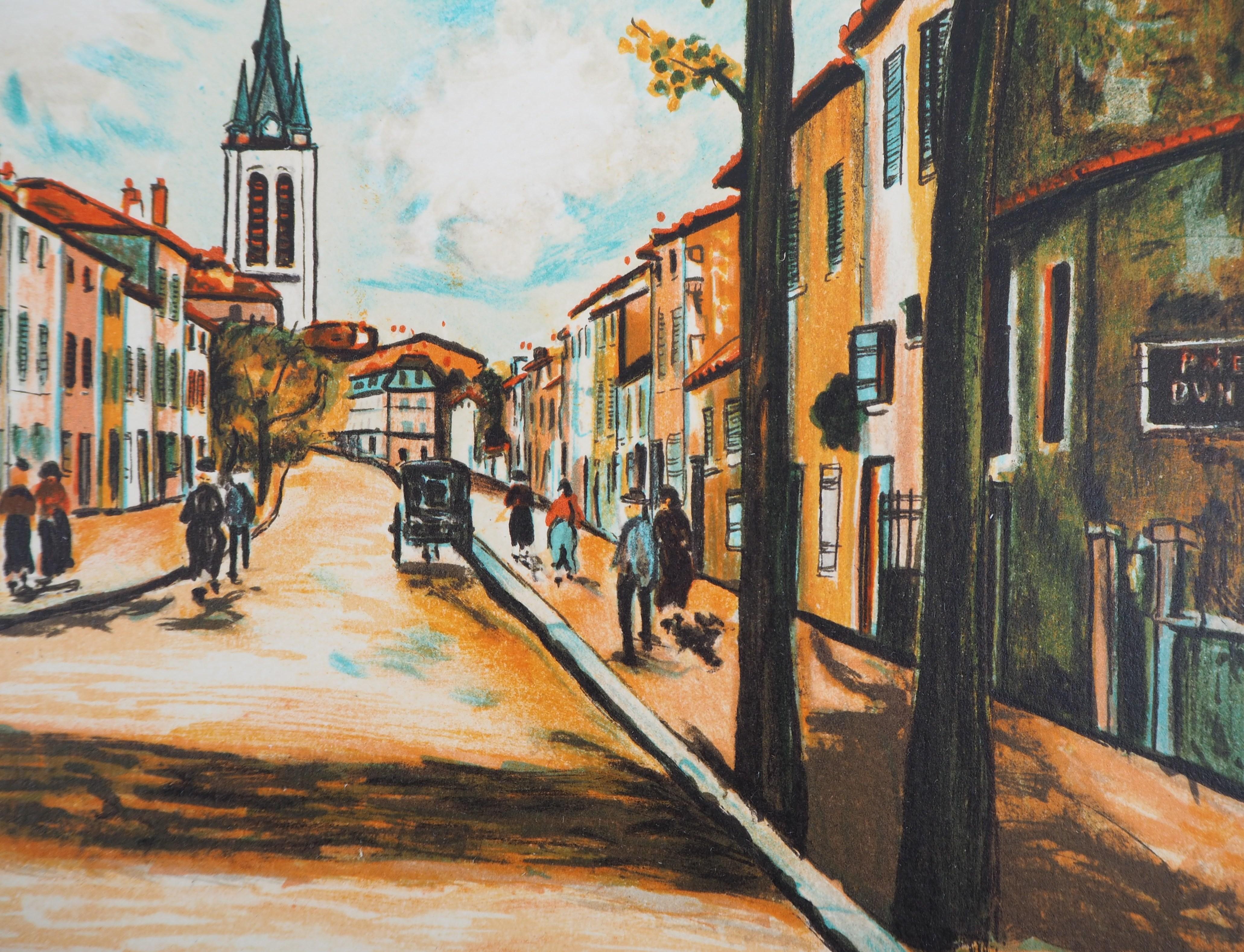 The Little Village - Lithograph - Beige Landscape Print by Maurice Utrillo