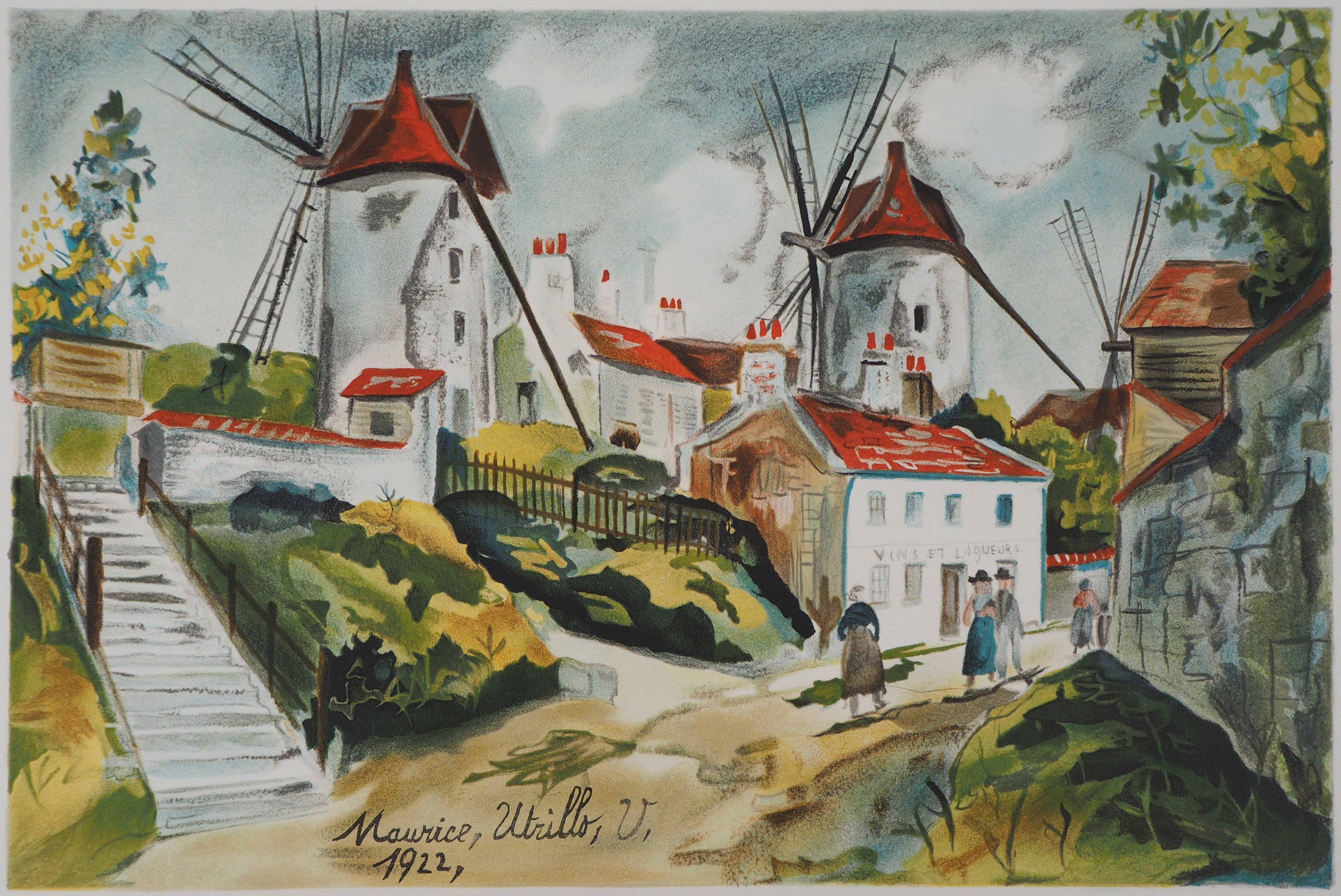 Tre mulini a Montmartre - Litografia - Print di Maurice Utrillo