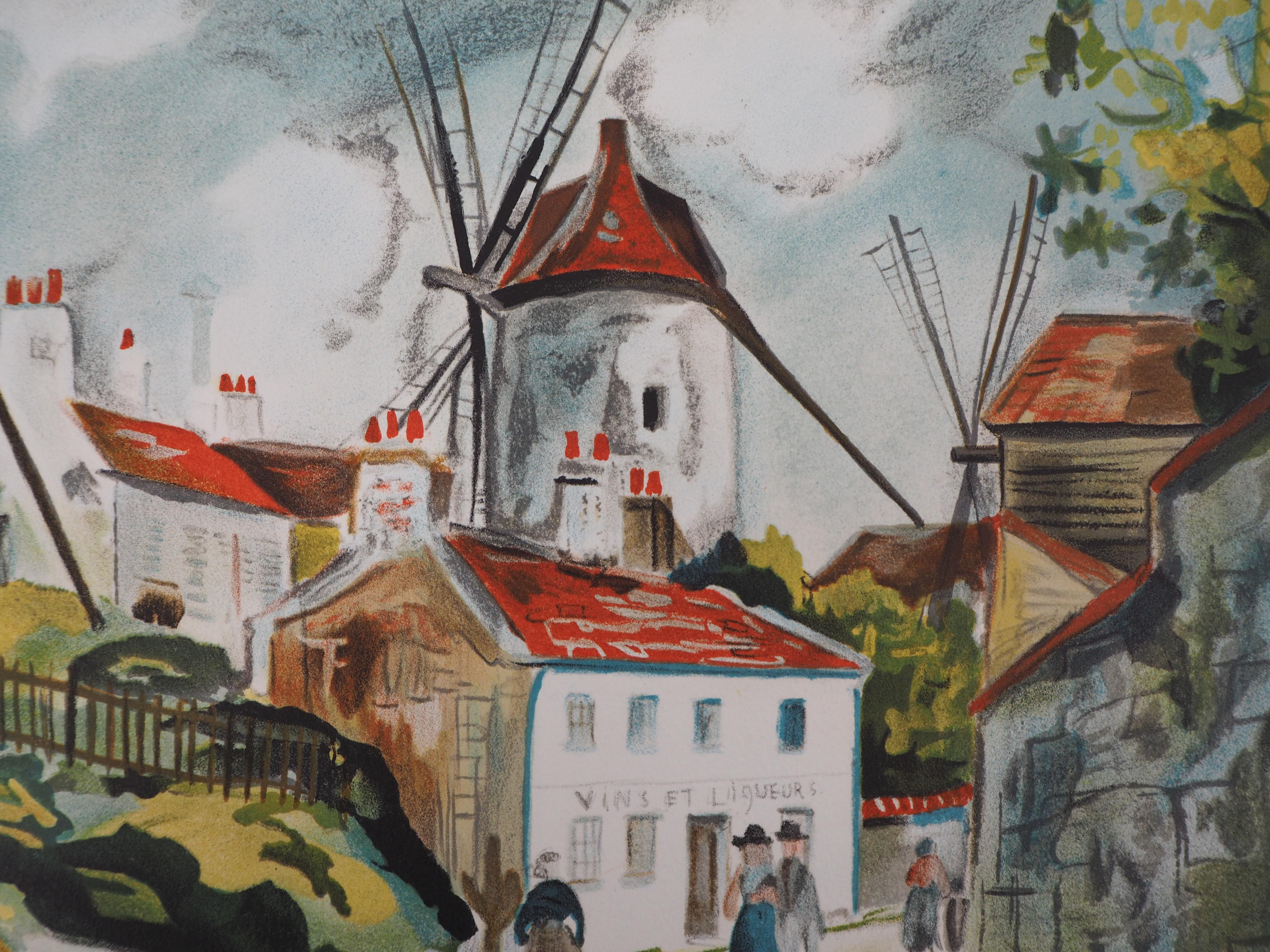 Tre mulini a Montmartre - Litografia - Landscape Print Grigio di Maurice Utrillo