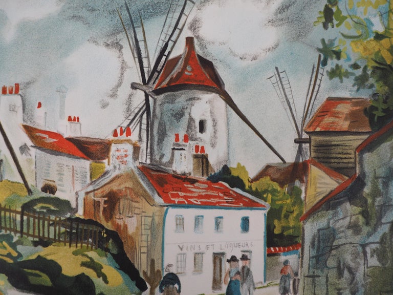 Three Mills in Montmartre - Lithograph - Gray Landscape Print by Maurice Utrillo
