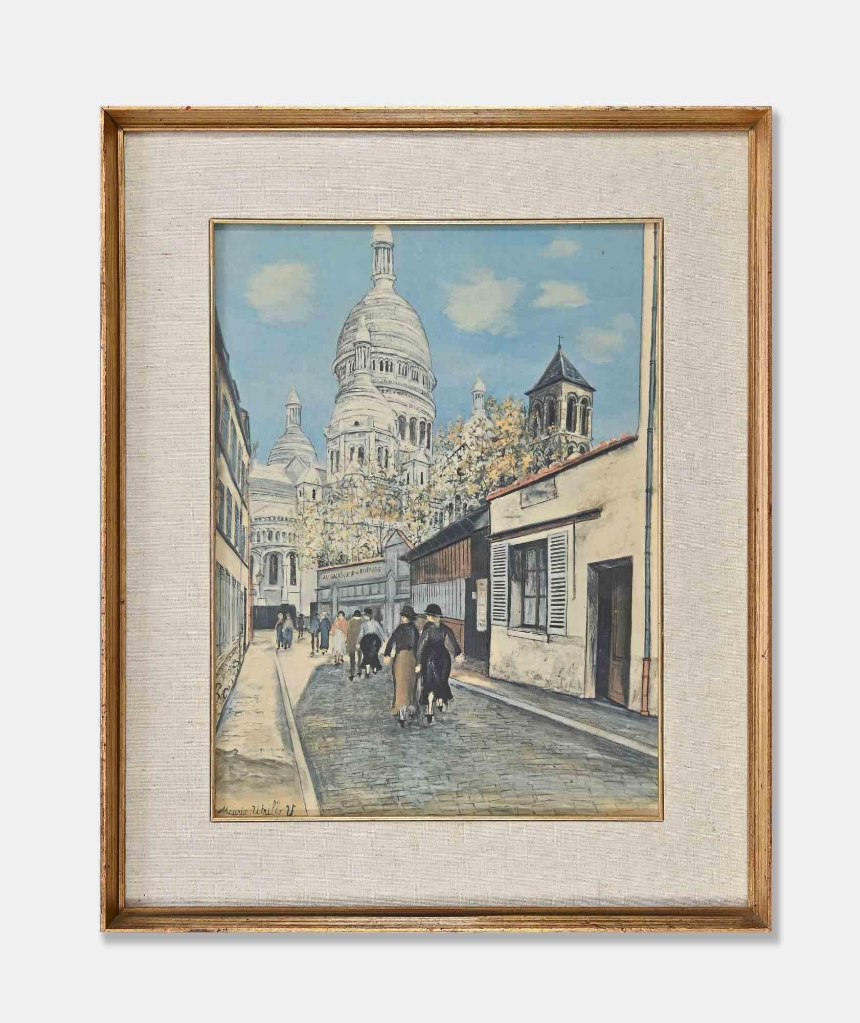 Maurice Utrillo Figurative Print - Walk Downtown - Offset and Lithograph after M. Utrillo - Mid 20th century