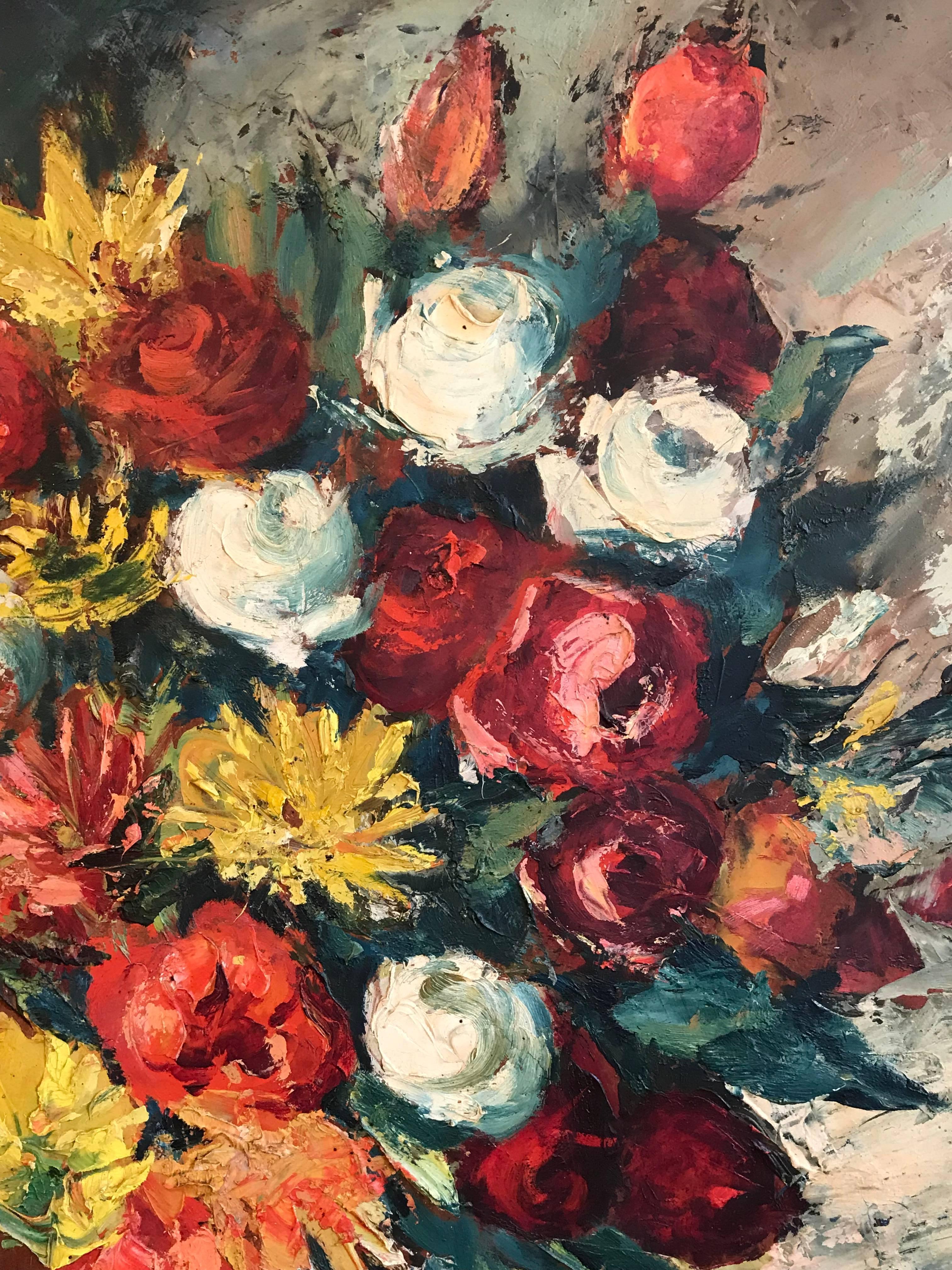 Großes Blumenstrauß-Stillleben mit Blumen im impressionistischen Ölstil  (Schwarz), Still-Life Painting, von Maurice Vagh-Weinmann