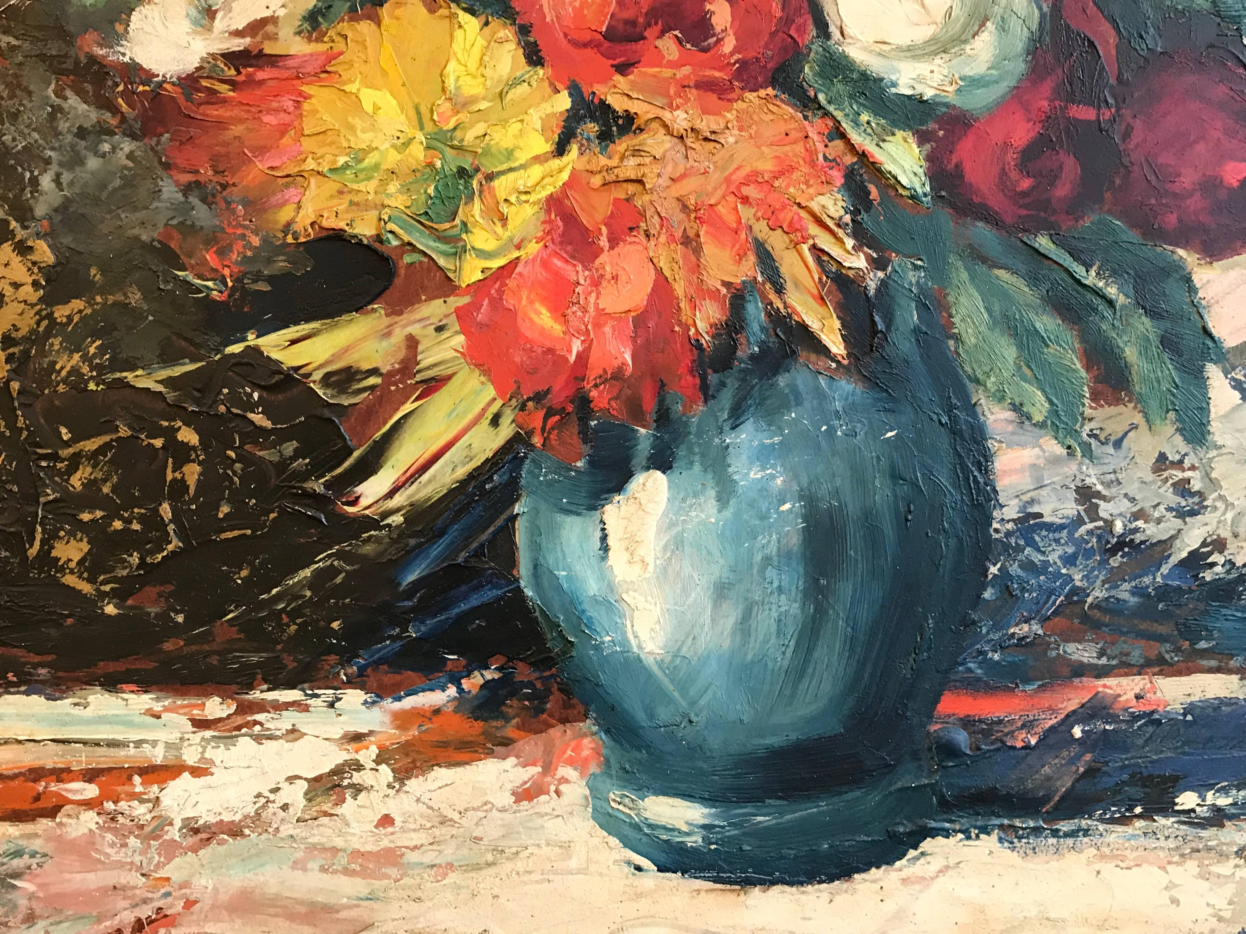 Großes Blumenstrauß-Stillleben mit Blumen im impressionistischen Ölstil  im Angebot 2