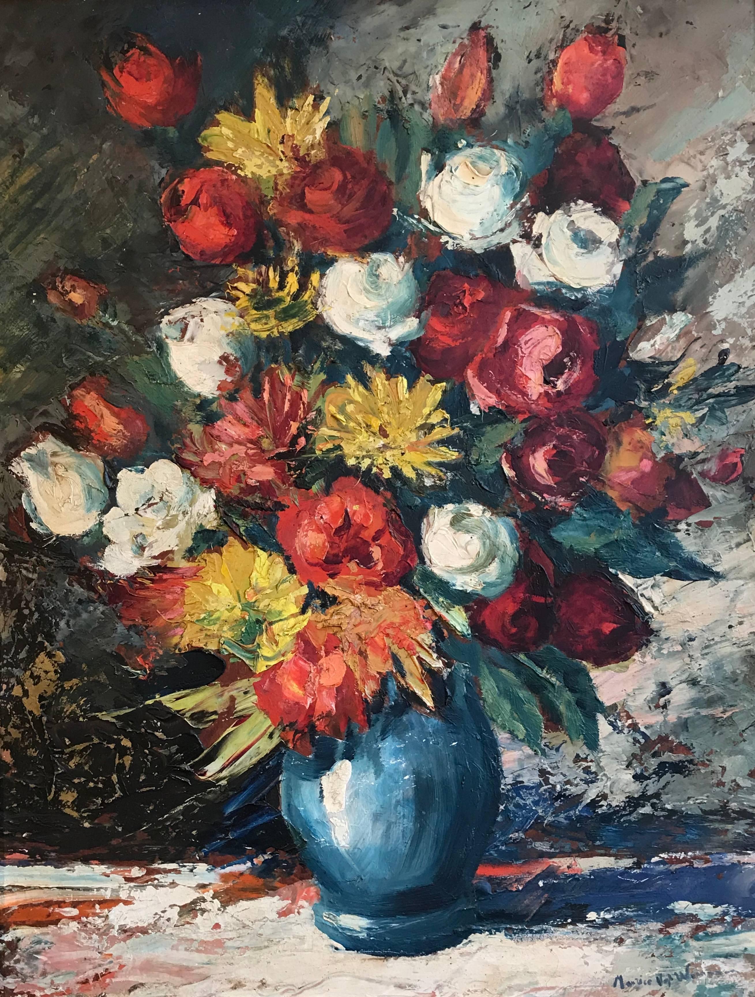 Maurice Vagh-Weinmann Still-Life Painting – Großes Blumenstrauß-Stillleben mit Blumen im impressionistischen Ölstil 