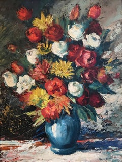 Vintage Large Floral Bouquet Still Life of Flowers Impressionist oil 