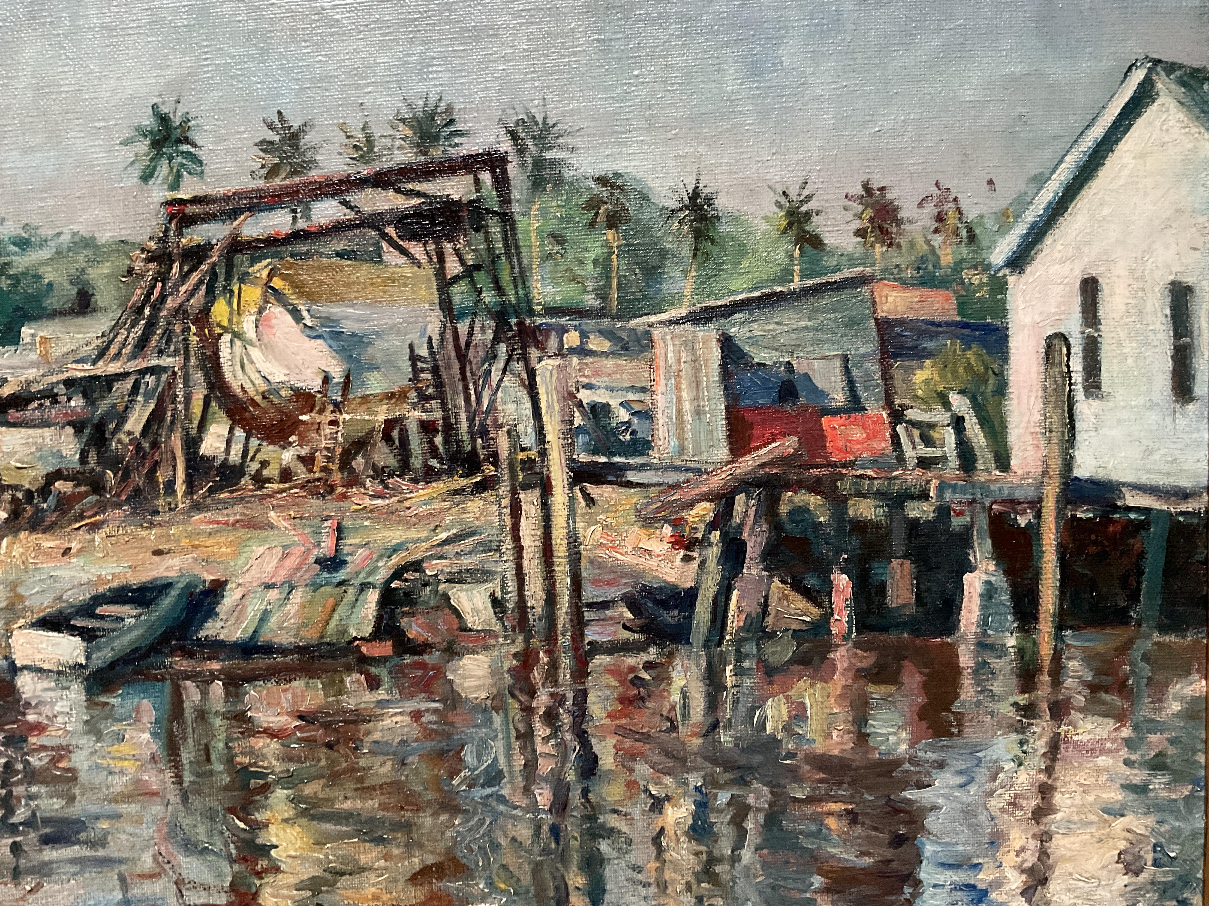 Vintage Florida Water Scene Oil Painting by Listed Artist Maurice Van Felix For Sale 1