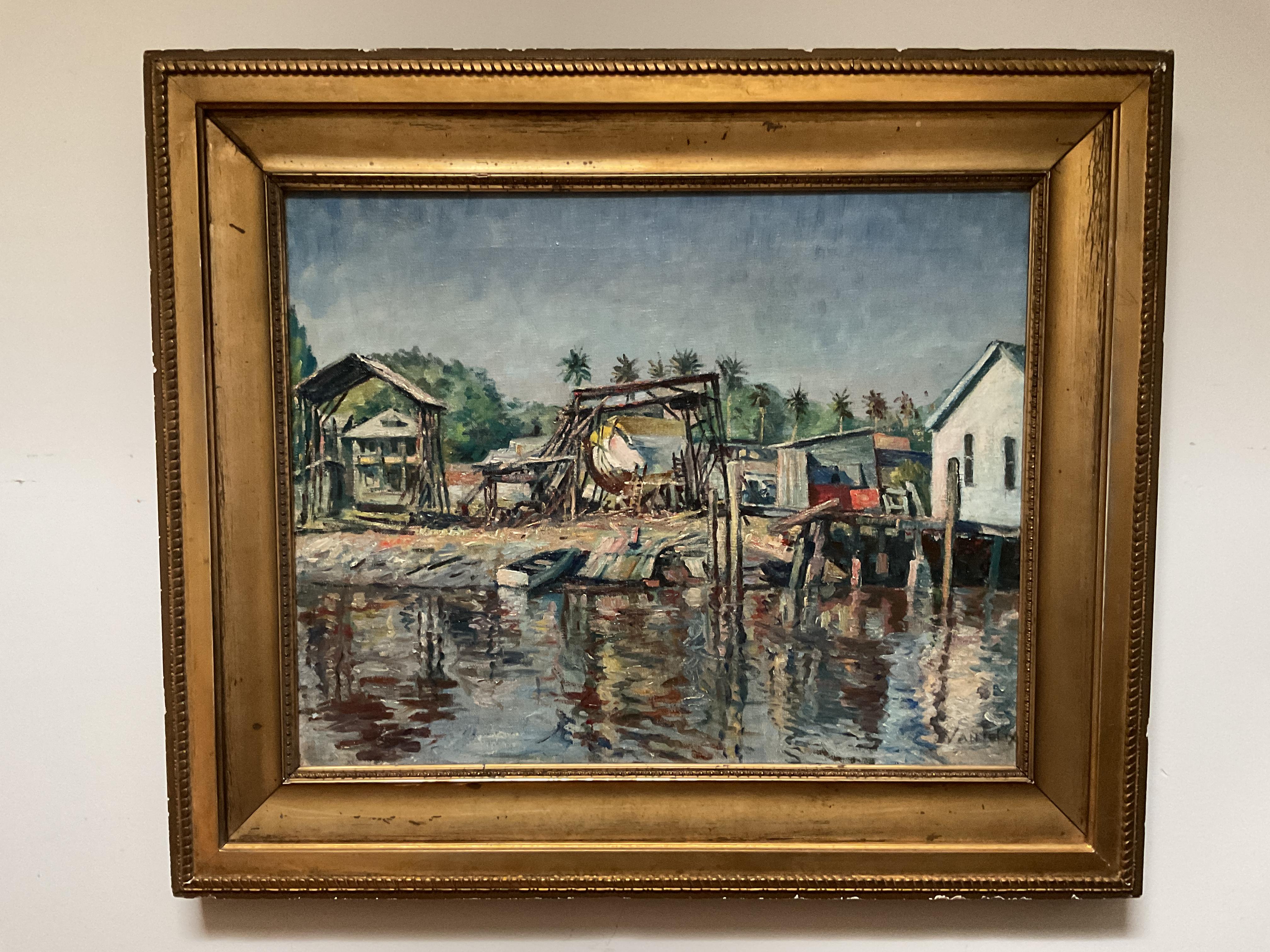 This is a colorful oil painting by listed American artist Maurice Van Felix. It portrays a boat landing or lift along a harbor location. It must be Florida as there is a line of palm trees in the background and the light is very bright.  The