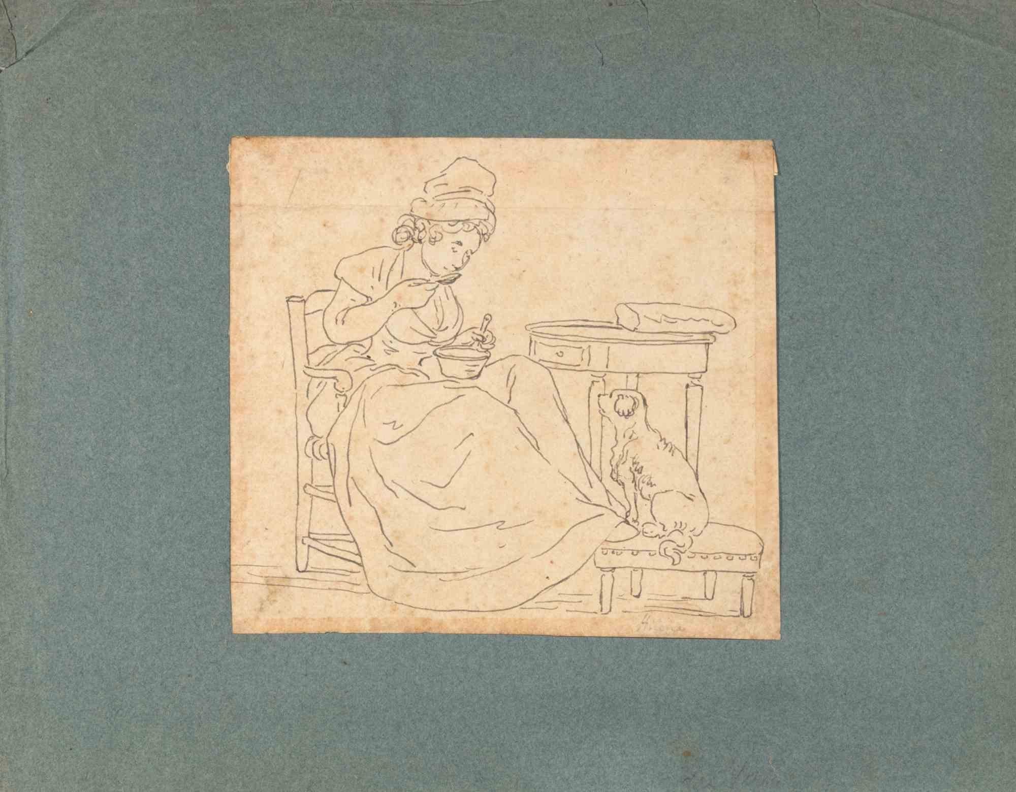 Woman and Dog is a drawing realized by an unknown artist in the Late 19th century.

Ink on paper with Passepartout.

Good conditions, aged and foxing.

