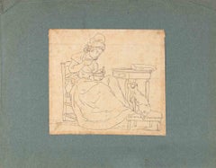 Femme et chien - Dessin de Maurice Van Moppes - Fin du 19e siècle