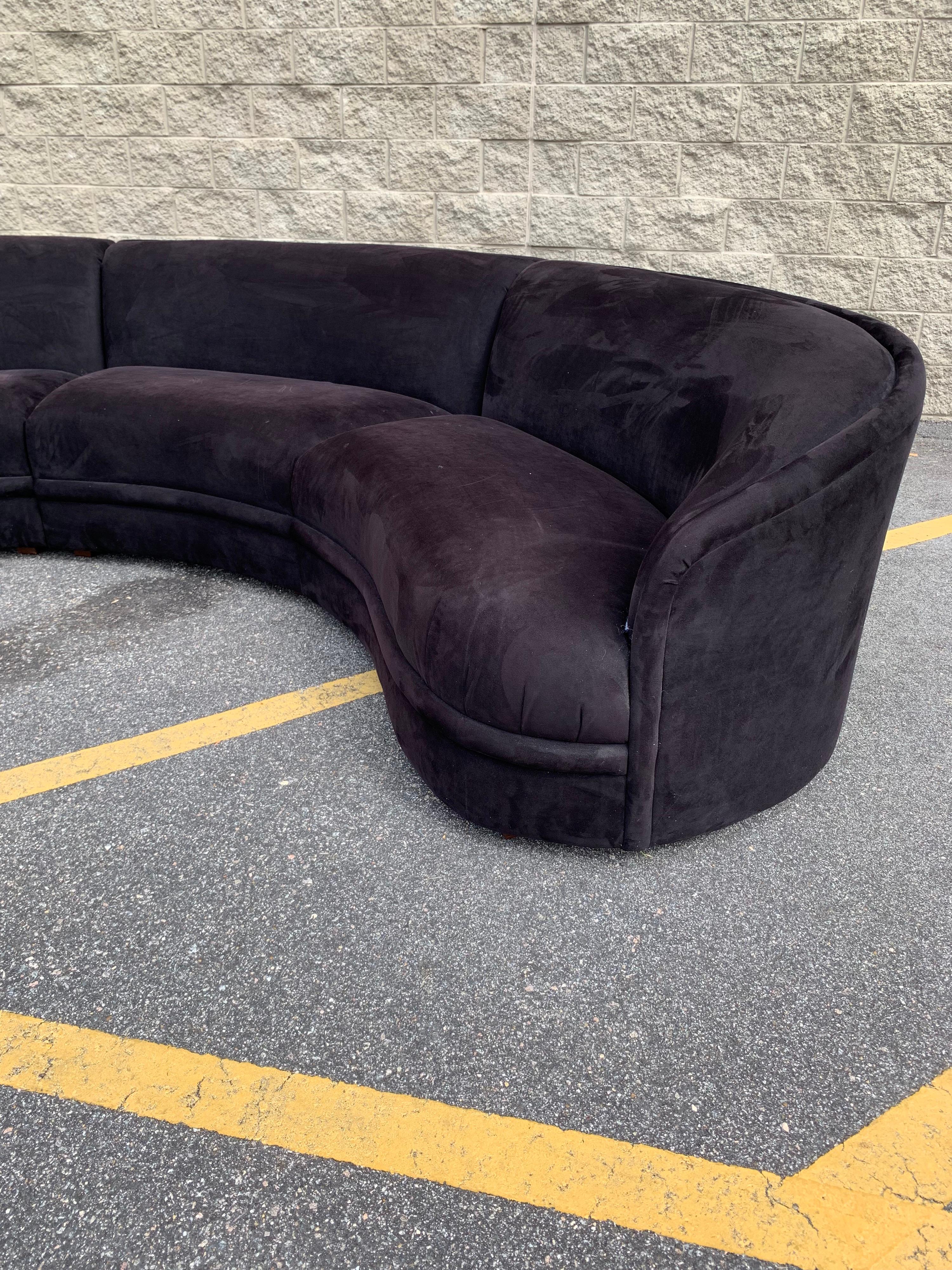 Attributed to Milo Baughman's designs, This 3-piece black velvet sofa produced and sold by Maurice Villency came from the original owners who purchased from the Maurice Villency store in New York. Monumental in size the sofa comes in at 138