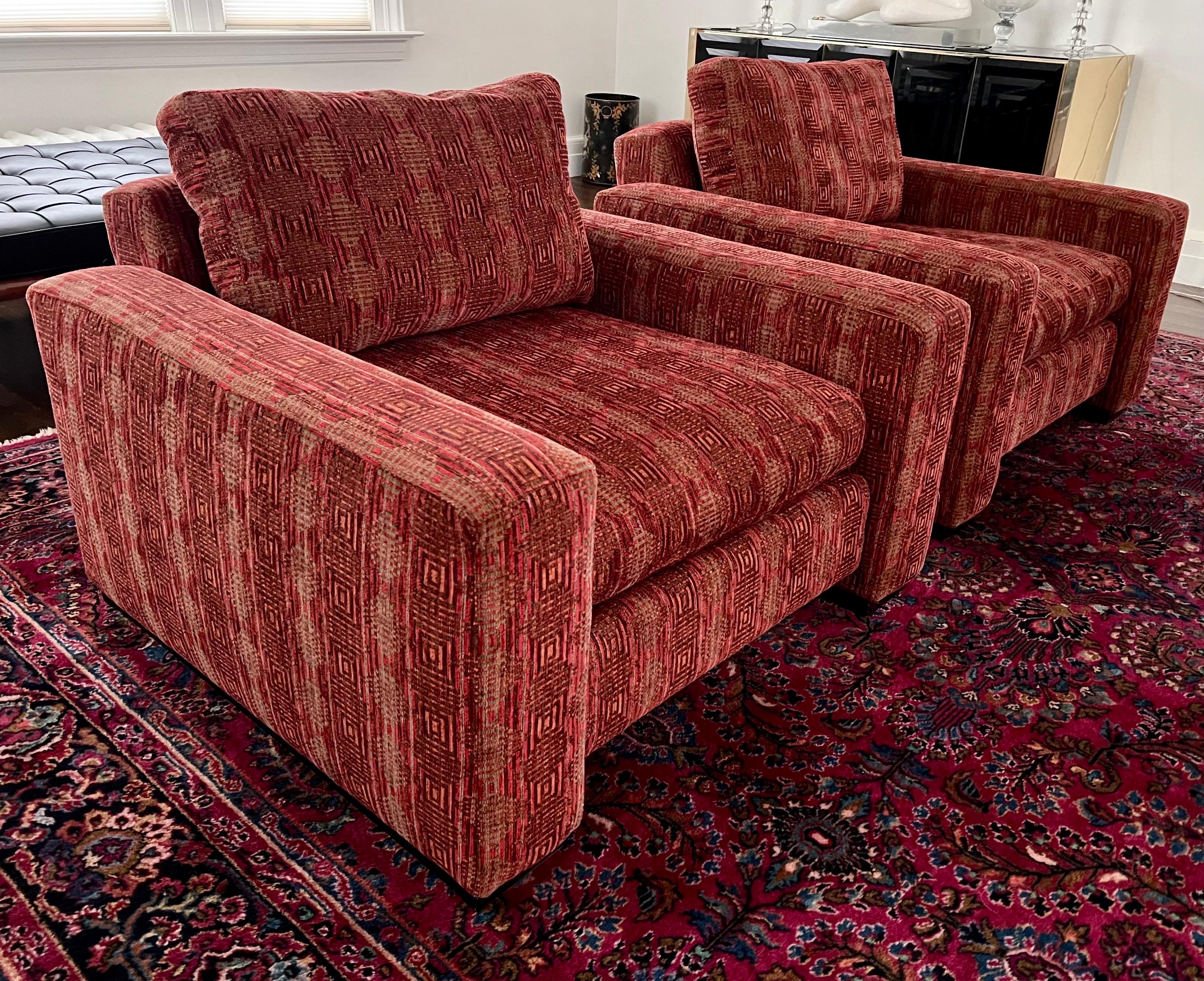 Chenille Maurice Villency Italian Upholstered Cube Club Chairs Pr