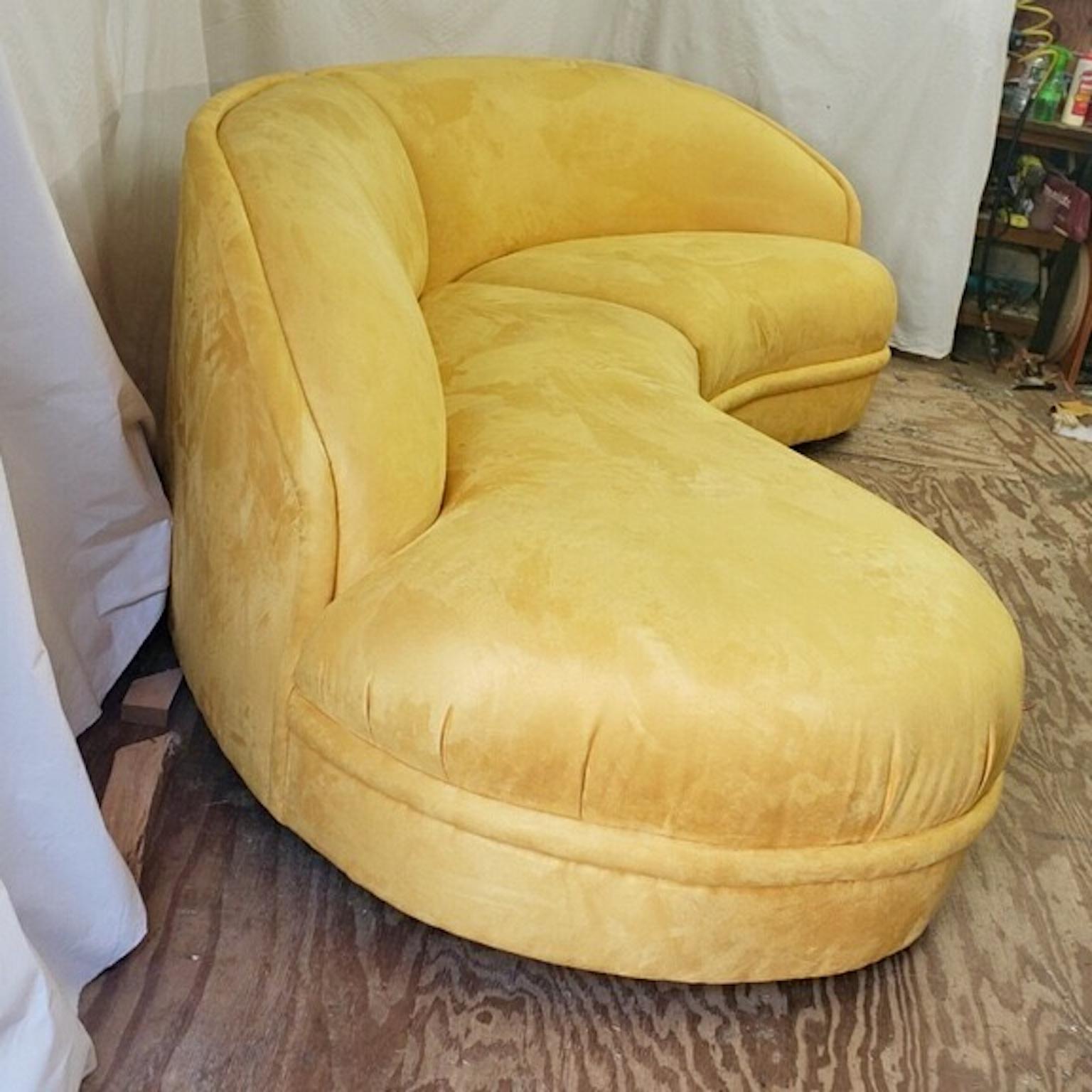 Maurice Villency two piece cloud sofa newly reupholstered in yellow ultrasuede. 
More photos coming soon