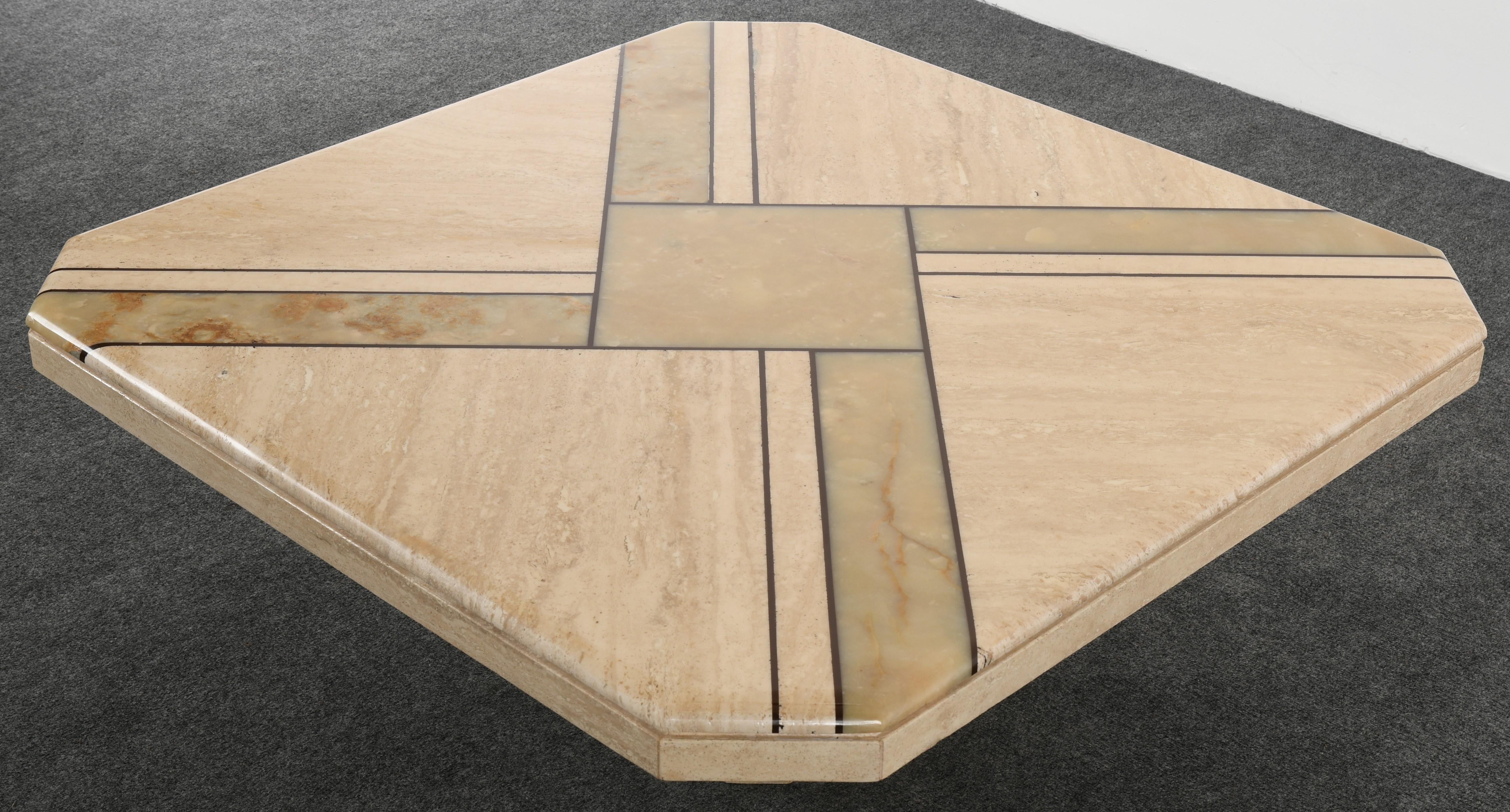 Mid-Century Modern Maurice Villency Style Onyx and Travertine Marble Coffee Table, 1980s