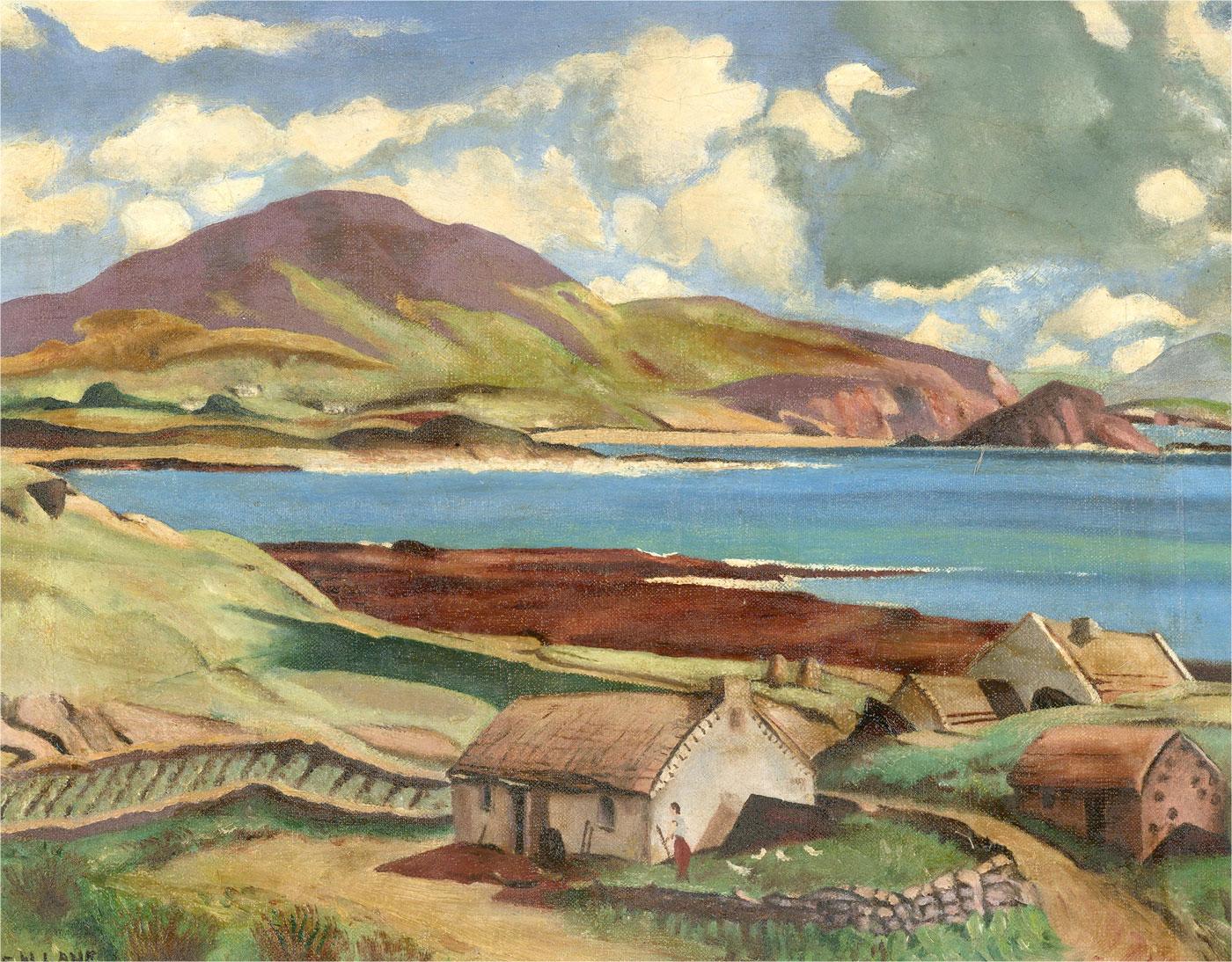 Un paysage expressif et stylisé à l'huile avec des clins d'œil au style de Paul Nash. La scène montre une vue panoramique d'un beau lac entouré de douces collines. Un chalet est niché au premier plan sous un ciel bleu. L'artiste a signé dans le coin
