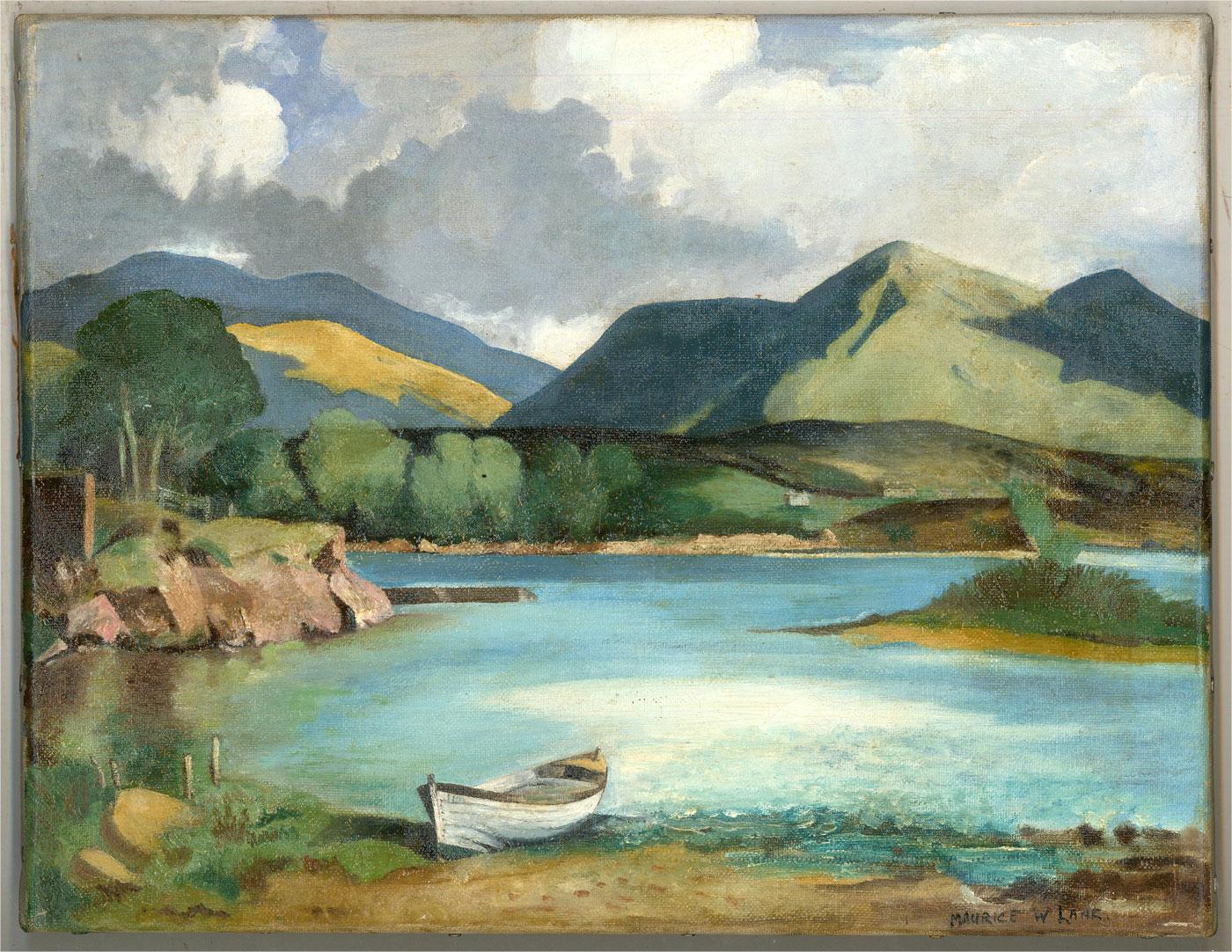 An expressive and stylised landscape in oil with nods to the style of Paul Nash. The scene shows a panoramic view of a beautiful lake surrounded by softly rolling hills with storm clouds brooding overhead. The artist has signed to the lower left